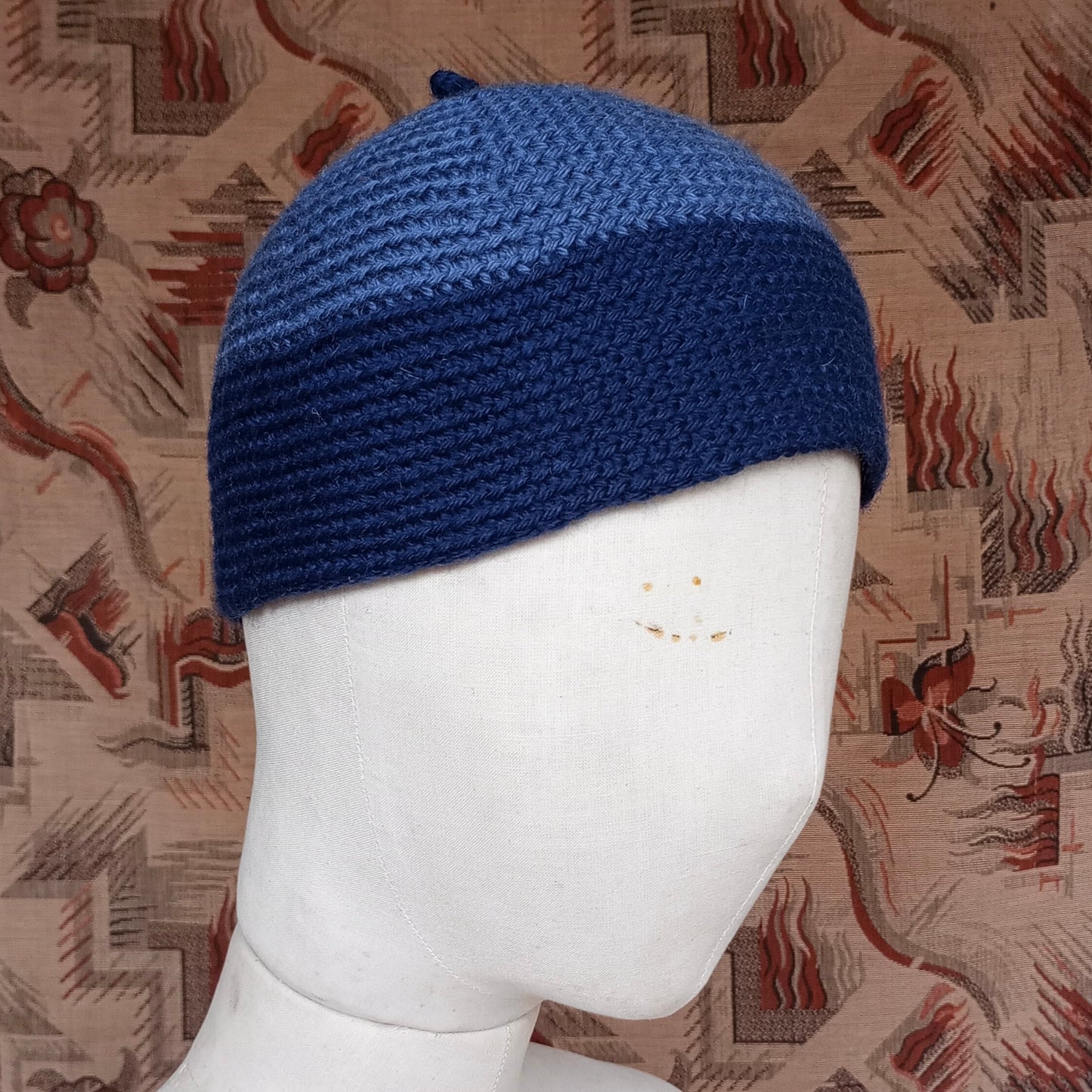 Vintage Style Crochet Beanie Hat Blue Two Tone Skull Cap