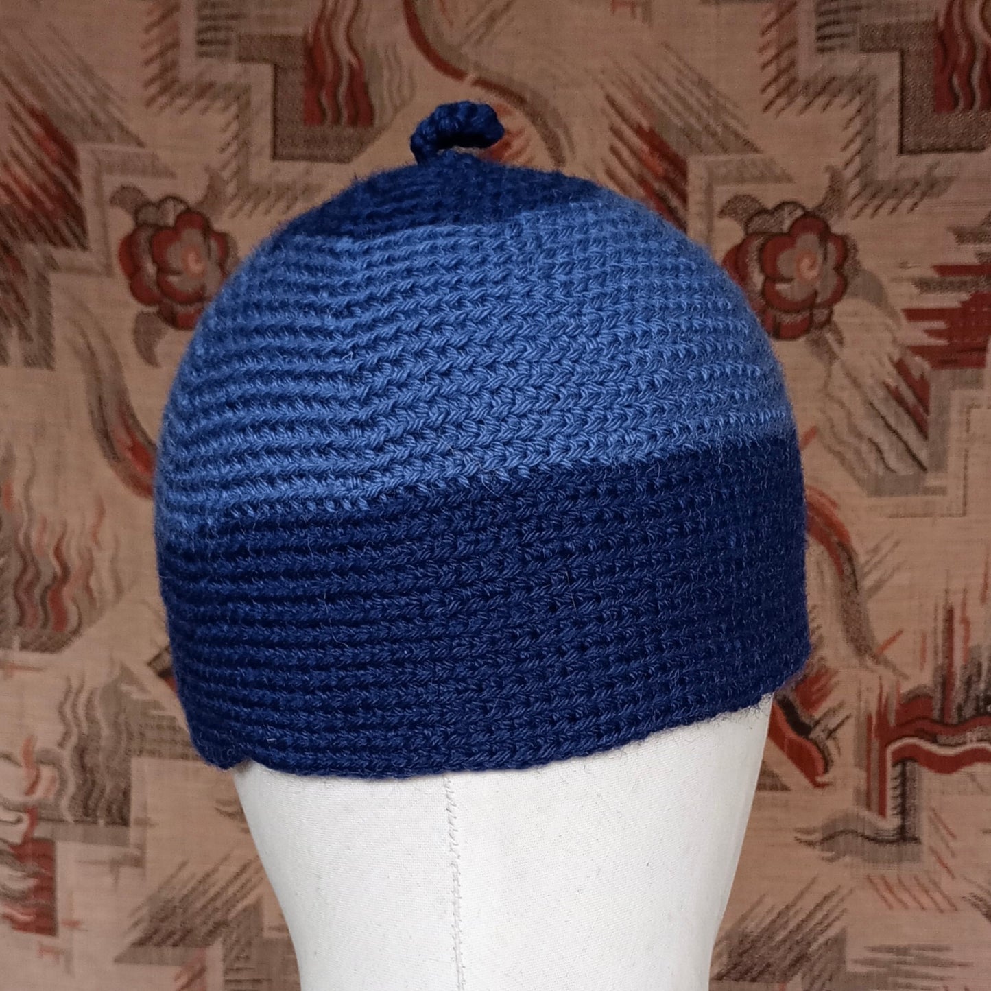 Vintage Style Crochet Beanie Hat Blue Two Tone Skull Cap