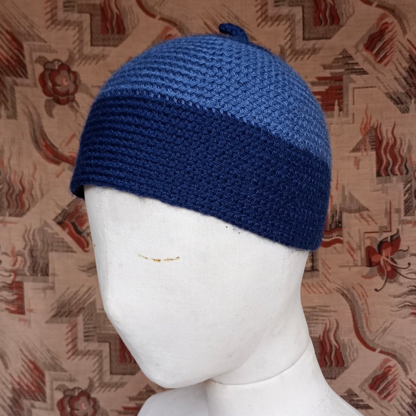 Vintage Style Crochet Beanie Hat Blue Two Tone Skull Cap