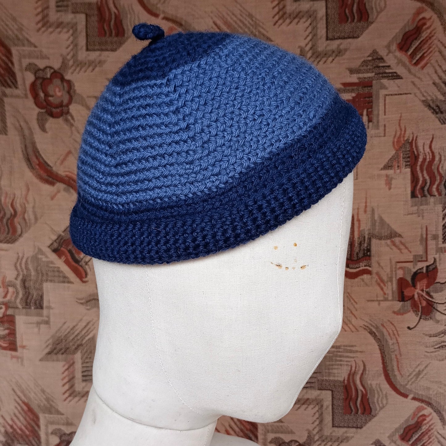 Vintage Style Crochet Beanie Hat Blue Two Tone Skull Cap