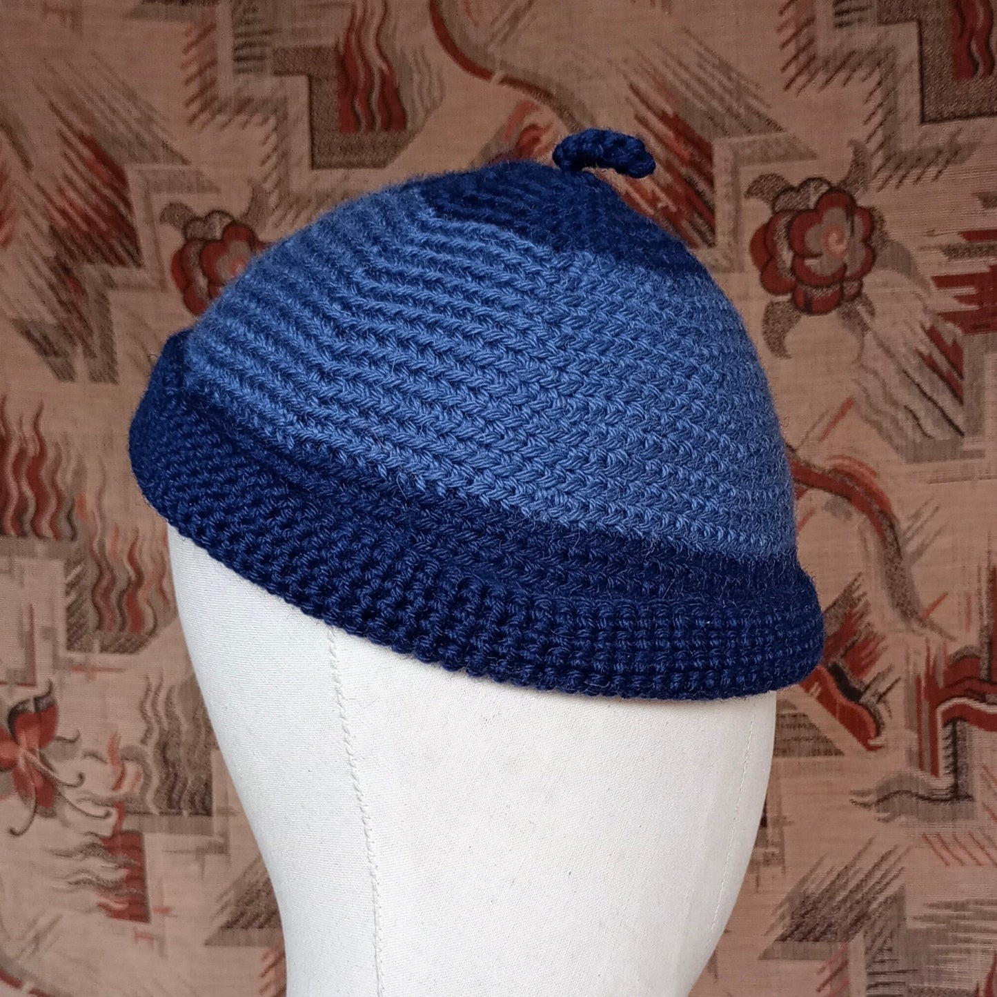 Vintage Style Crochet Beanie Hat Blue Two Tone Skull Cap