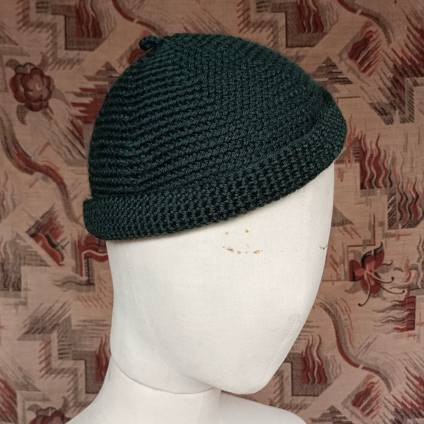 Vintage Style Crochet Beanie Hat Green Wool Skull Cap