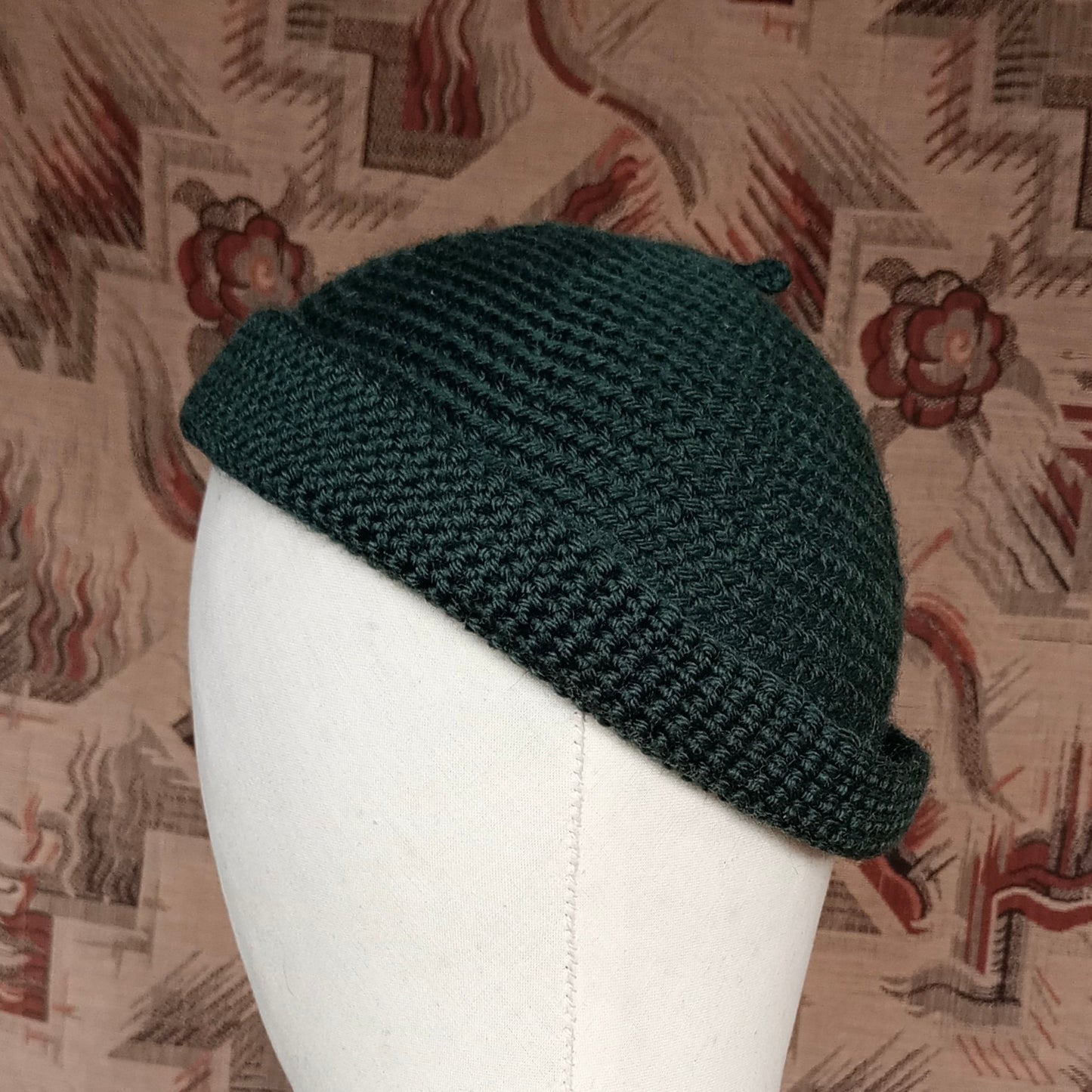 Vintage Style Crochet Beanie Hat Green Wool Skull Cap