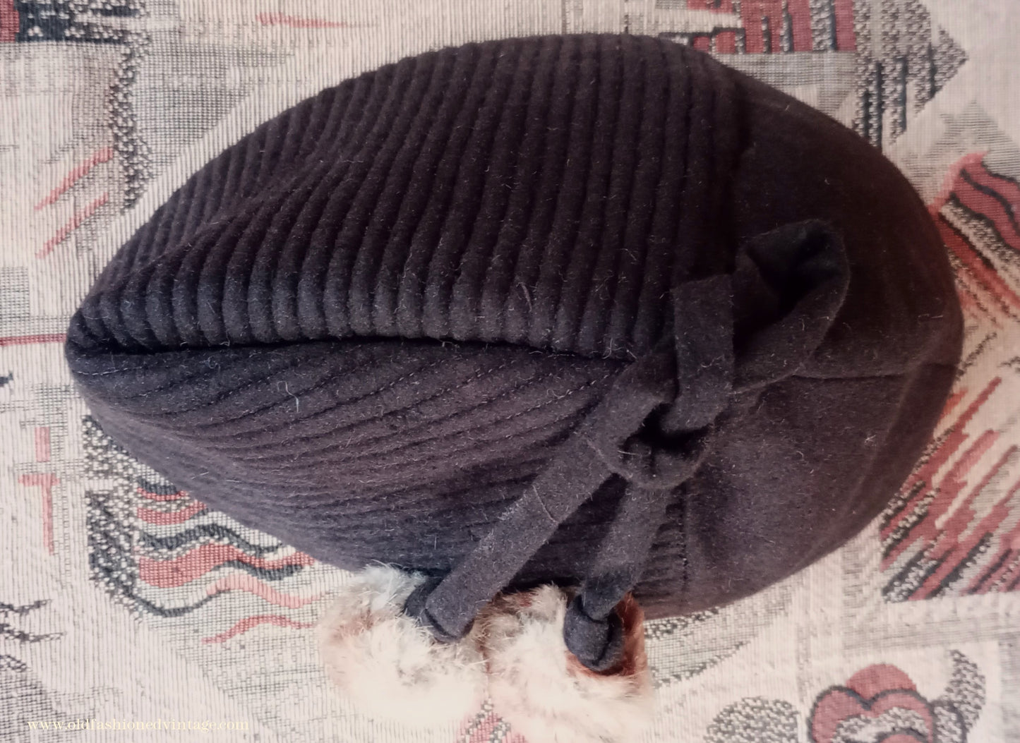 Vintage 1930s 1940s French Brown Felt Hat Forage Side Cap Pom Pom Fur Trim