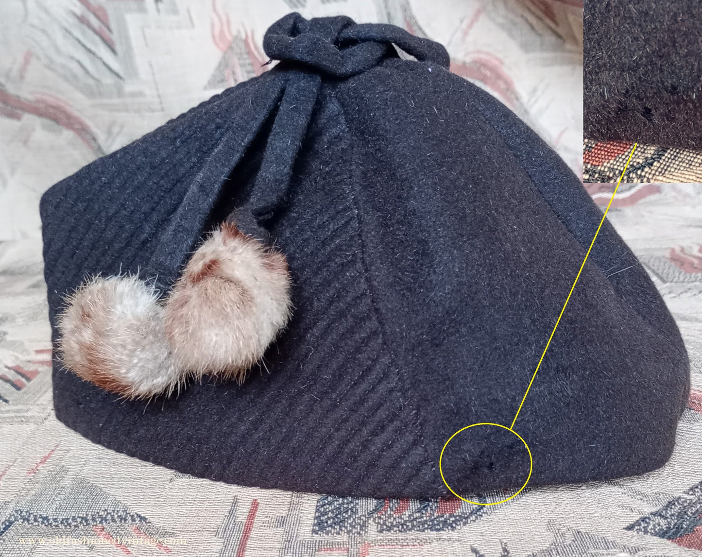 Vintage 1930s 1940s French Brown Felt Hat Forage Side Cap Pom Pom Fur Trim