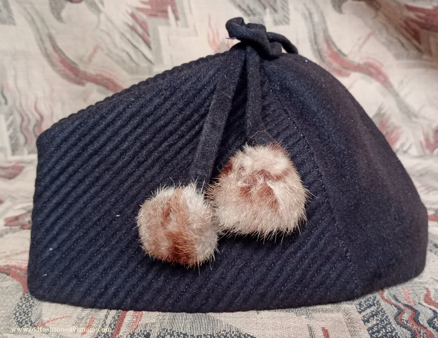 Vintage 1930s 1940s French Brown Felt Hat Forage Side Cap Pom Pom Fur Trim