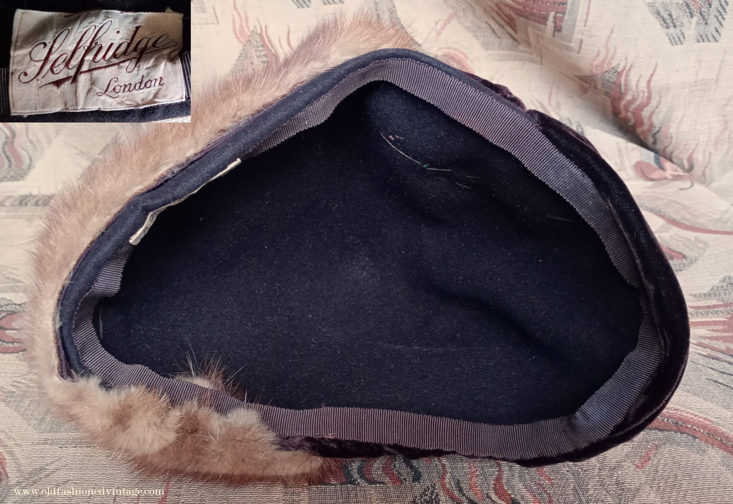 Wonderful Vintage 1930s 1940s Brown Felt Hat Cone Toque Velvet & Fur Trim