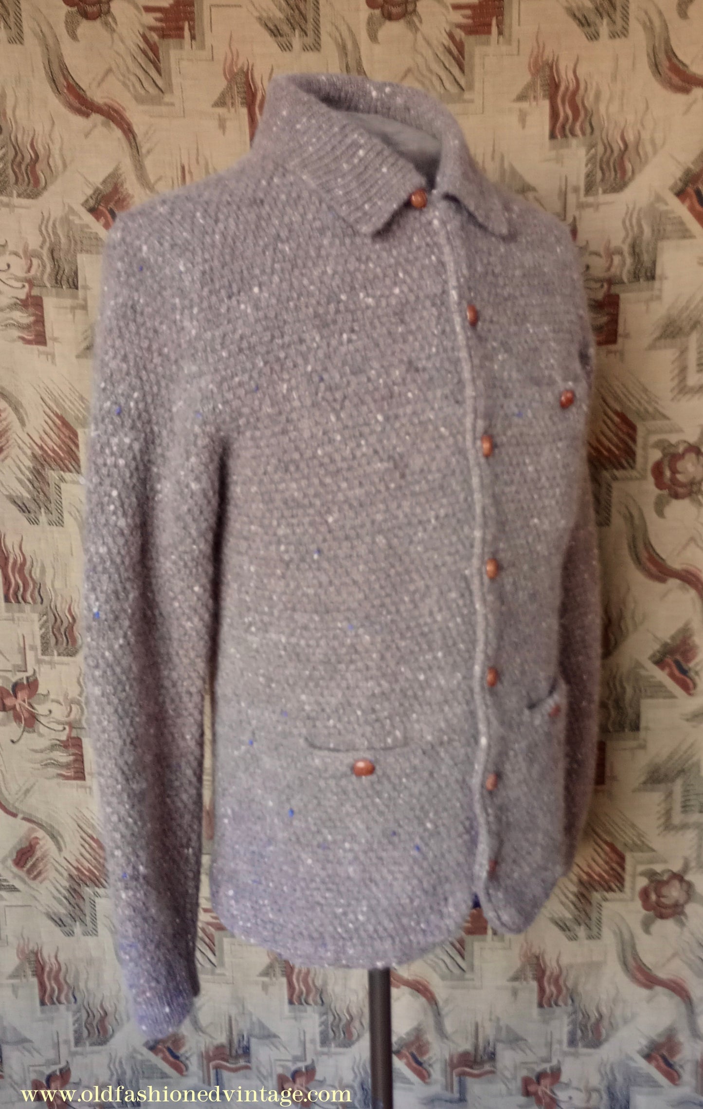 Vintage Mens 1980s Bill Blass Cardigan Jacket Taupe Donegal Fleck Knit Knitted Wool Sweater UK S