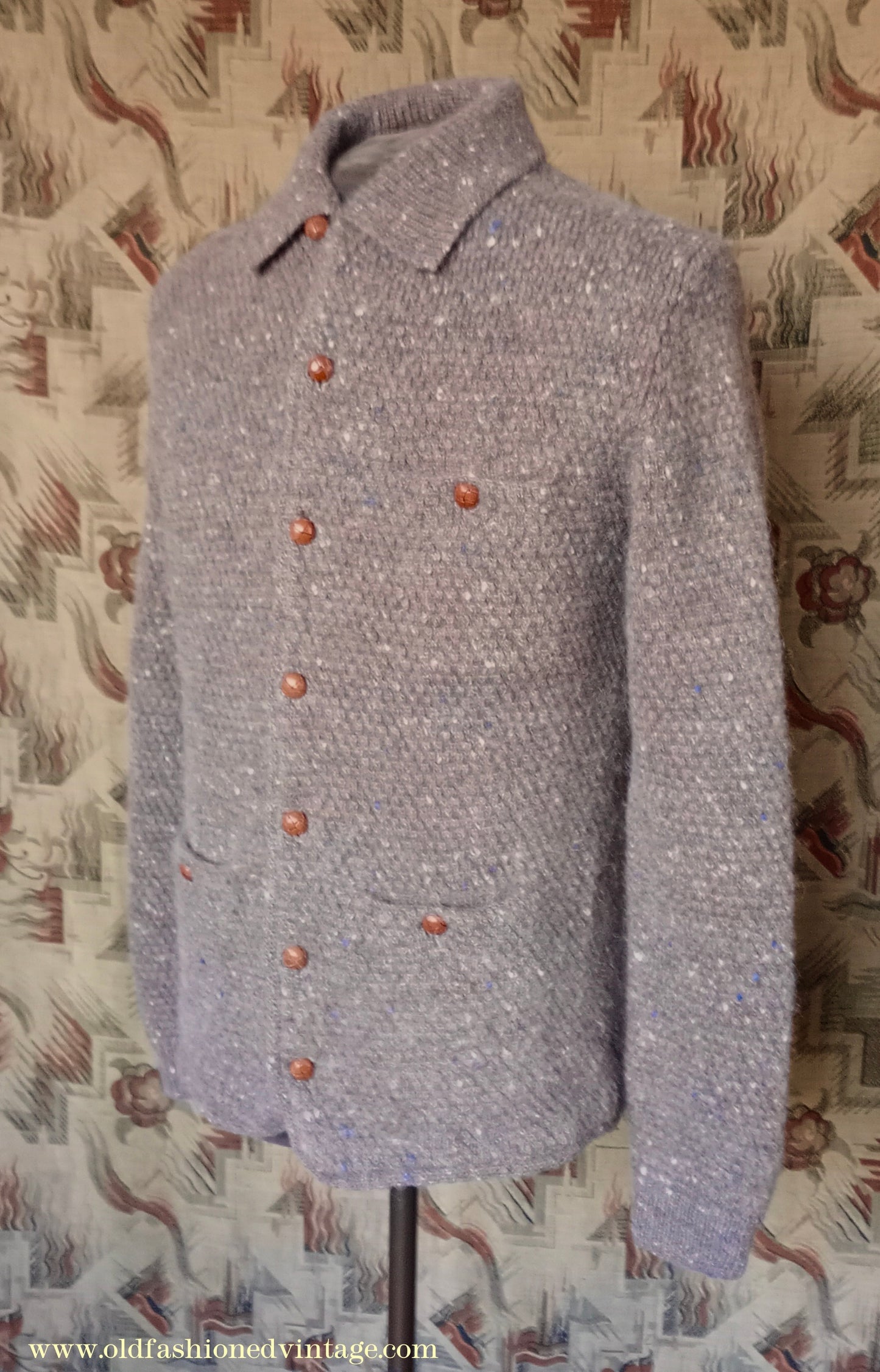 Vintage Mens 1980s Bill Blass Cardigan Jacket Taupe Donegal Fleck Knit Knitted Wool Sweater UK S