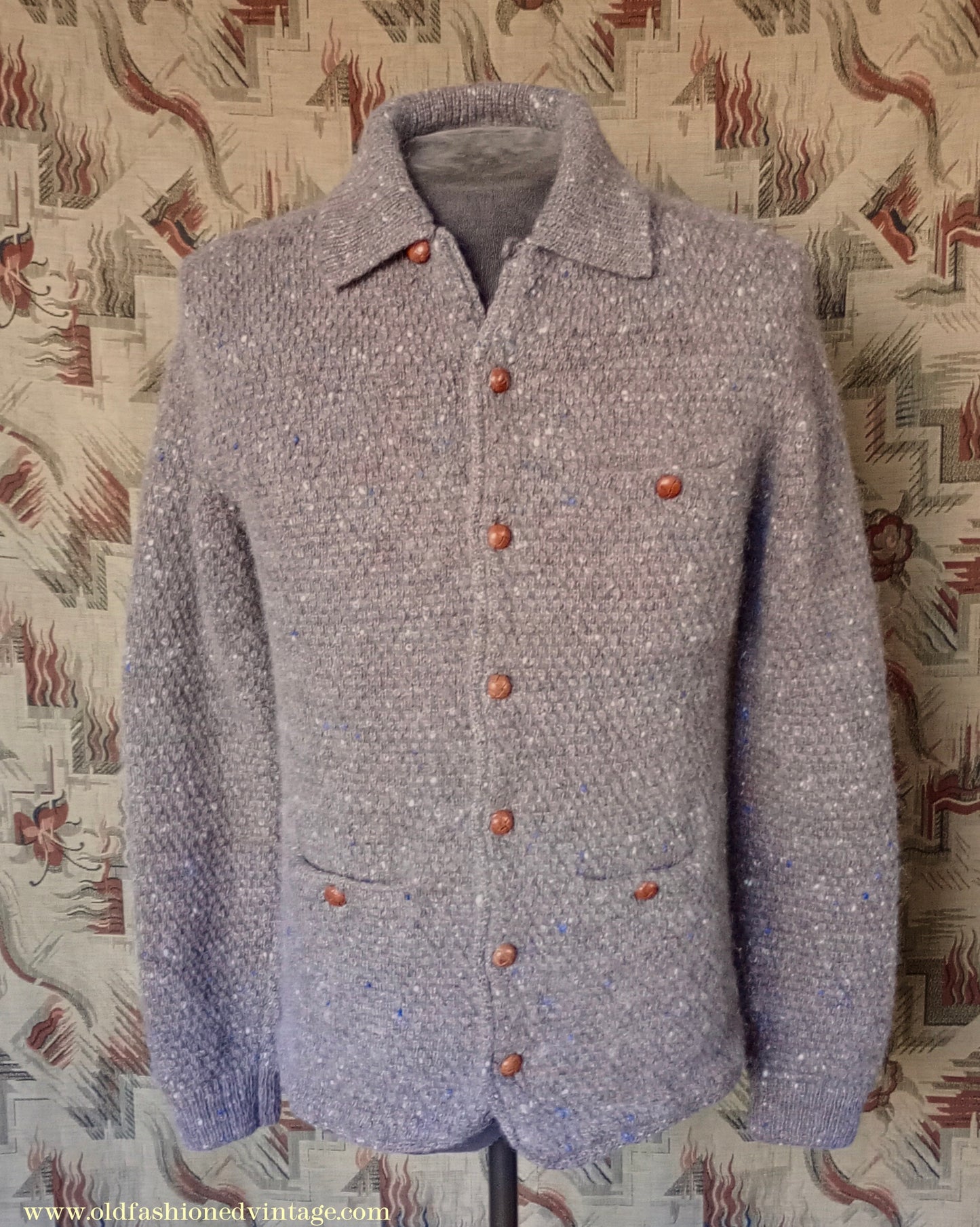 Vintage Mens 1980s Bill Blass Cardigan Jacket Taupe Donegal Fleck Knit Knitted Wool Sweater UK S