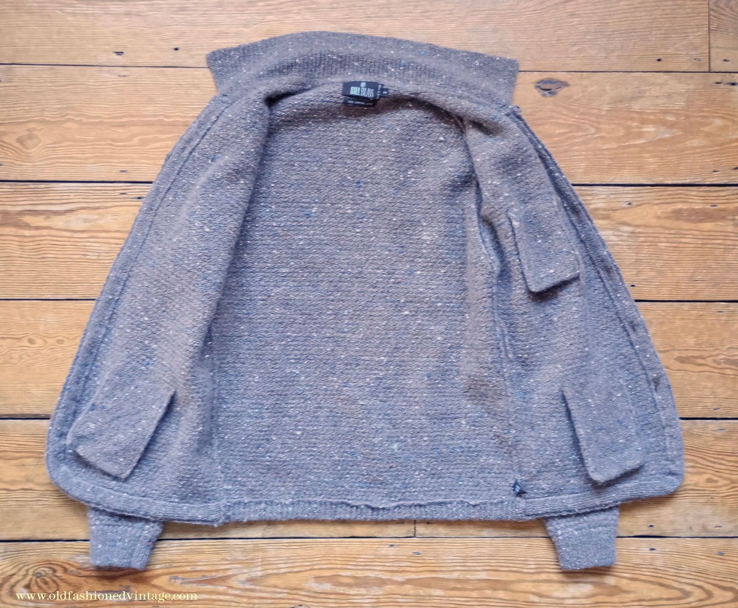 Vintage Mens 1980s Bill Blass Cardigan Jacket Taupe Donegal Fleck Knit Knitted Wool Sweater UK S