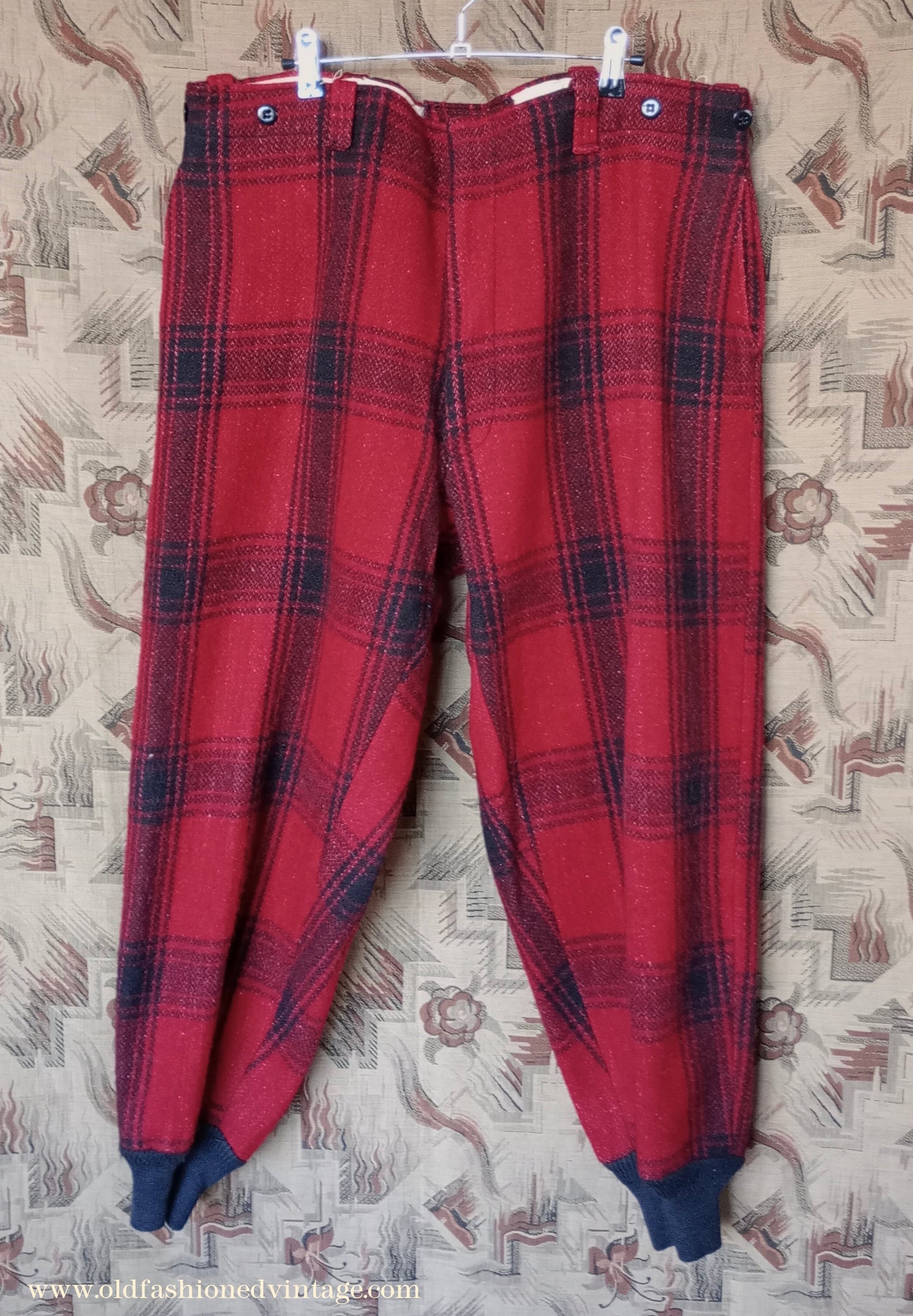 Vintage Mens 1940s 1950s American Red Black Plaid Wool Trousers XL 42"