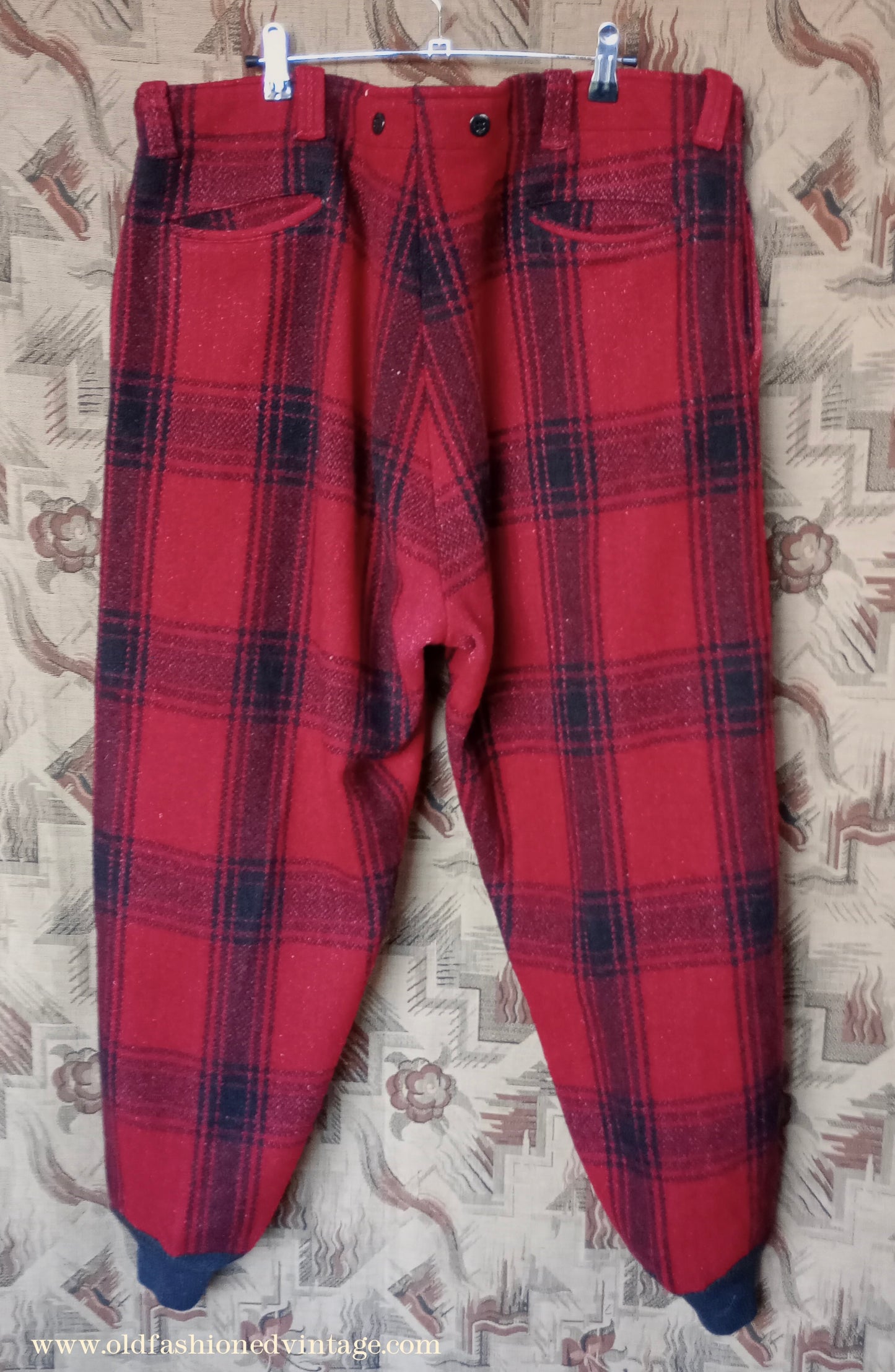 Vintage Mens 1940s 1950s American Red Black Plaid Wool Trousers XL 42"