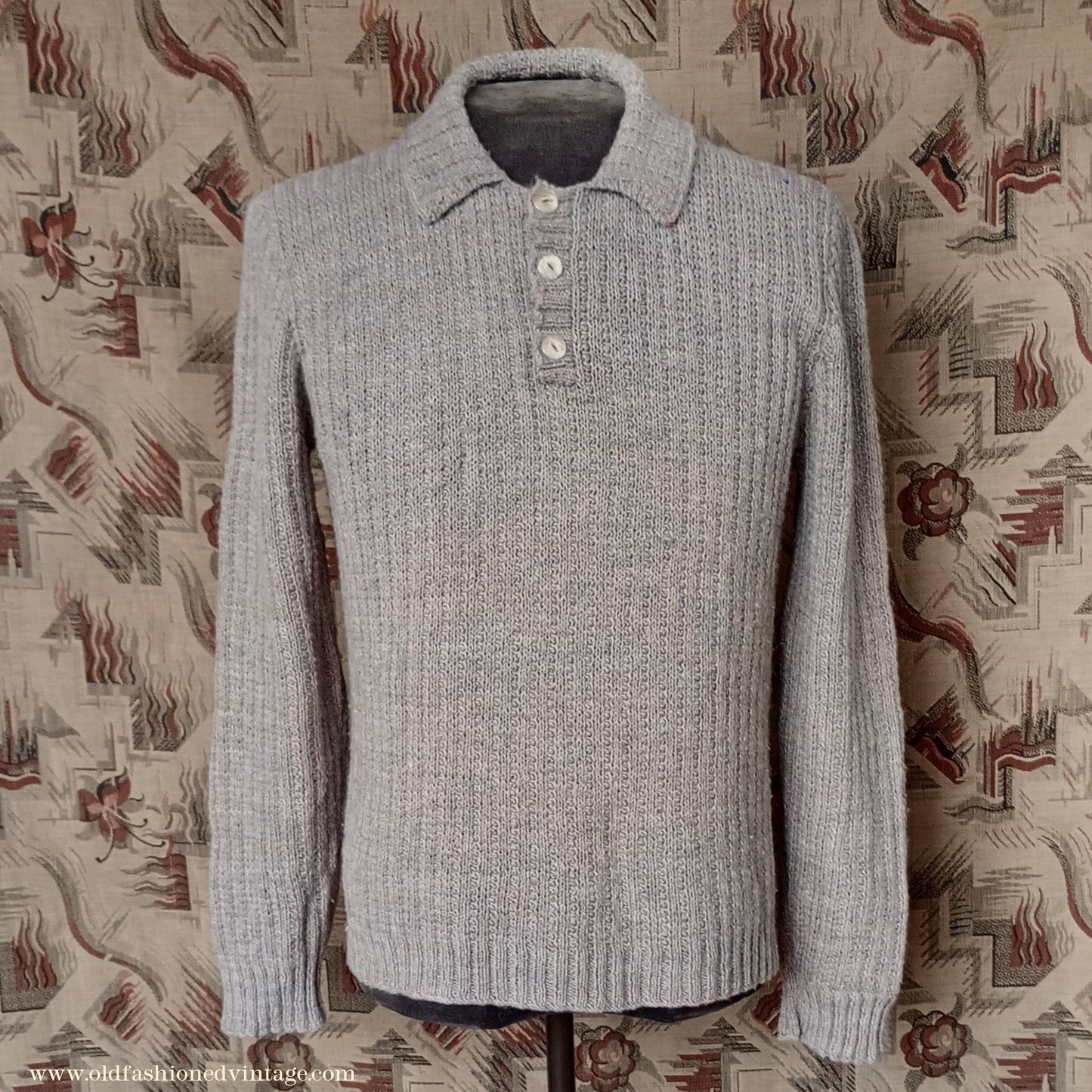 Vintage Mens 1950s Hand Knitted Ribbed Jumper Polo Collar Knit Sweater Marled Taupe UK L