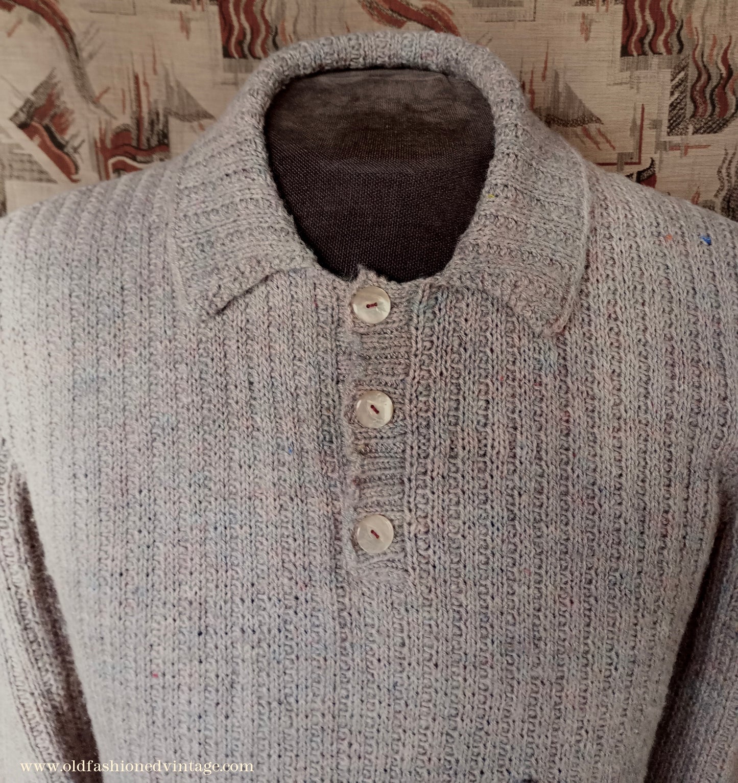 Vintage Mens 1950s Hand Knitted Ribbed Jumper Polo Collar Knit Sweater Marled Taupe UK L