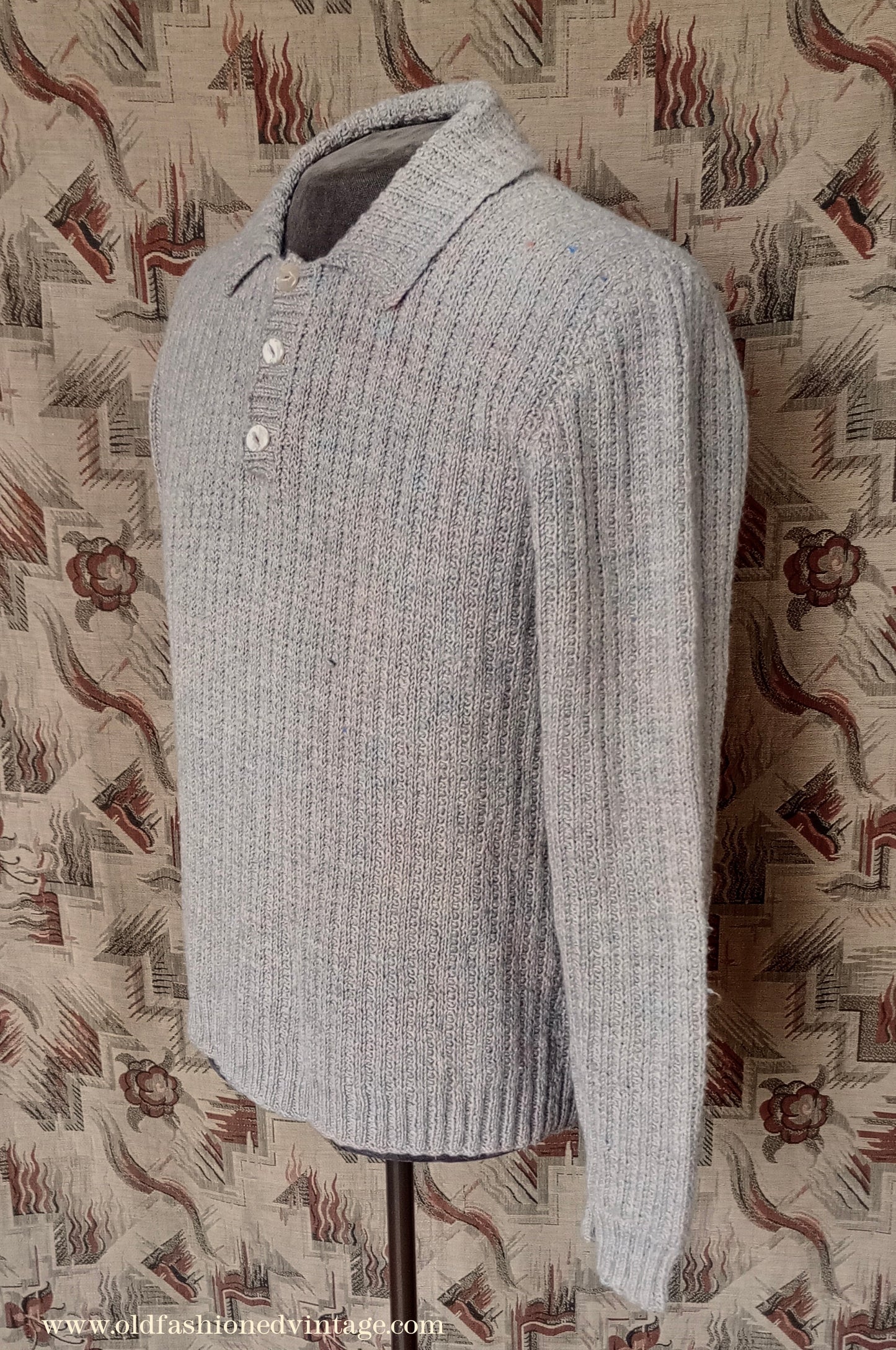 Vintage Mens 1950s Hand Knitted Ribbed Jumper Polo Collar Knit Sweater Marled Taupe UK L
