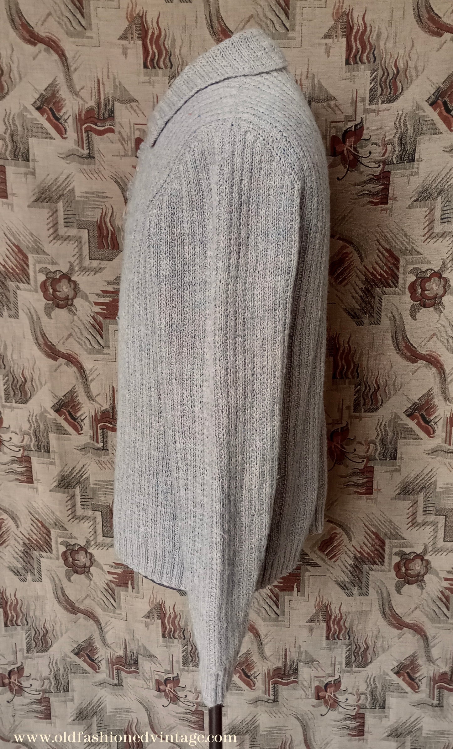 Vintage Mens 1950s Hand Knitted Ribbed Jumper Polo Collar Knit Sweater Marled Taupe UK L