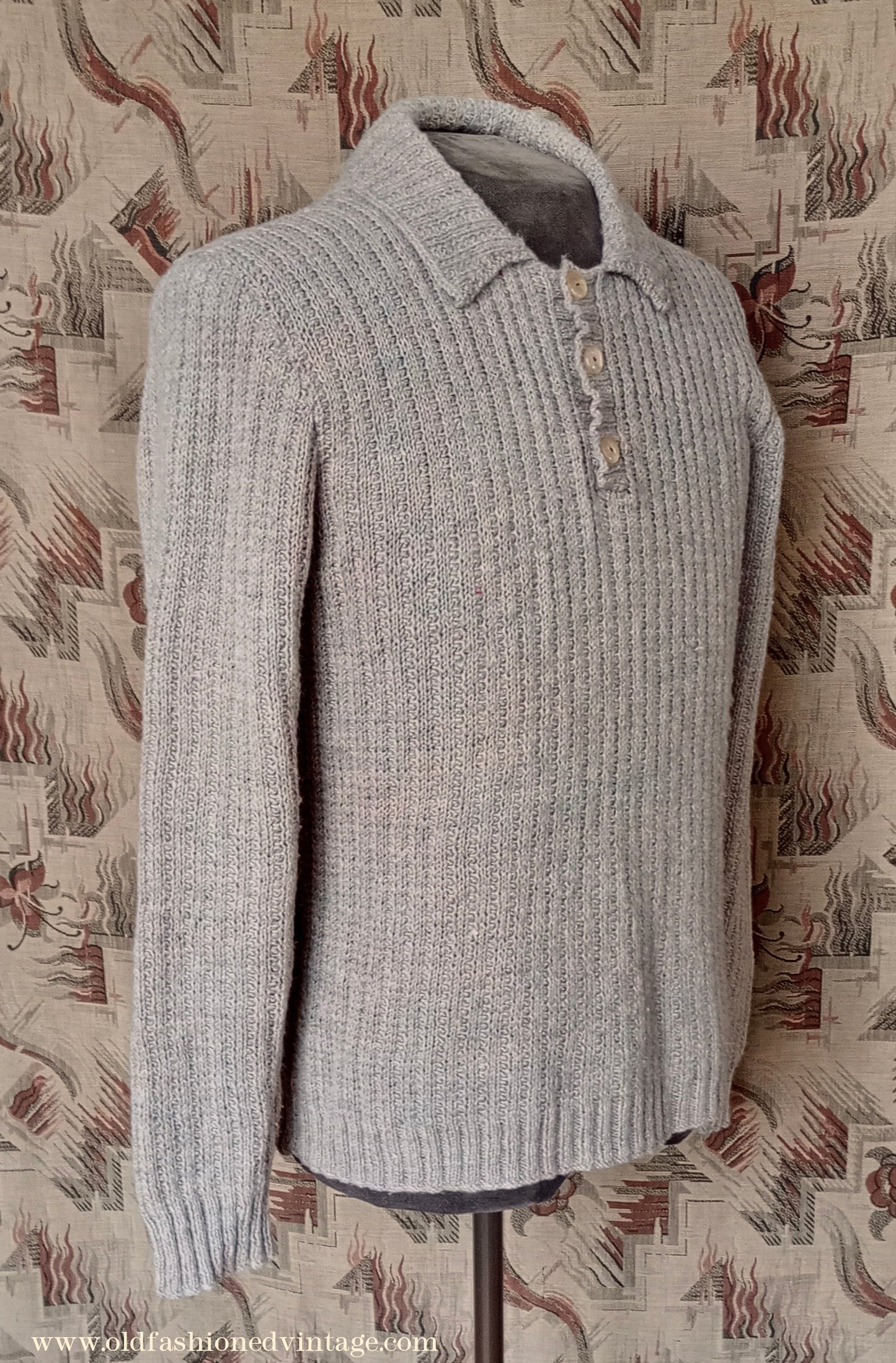 Vintage Mens 1950s Hand Knitted Ribbed Jumper Polo Collar Knit Sweater Marled Taupe UK L