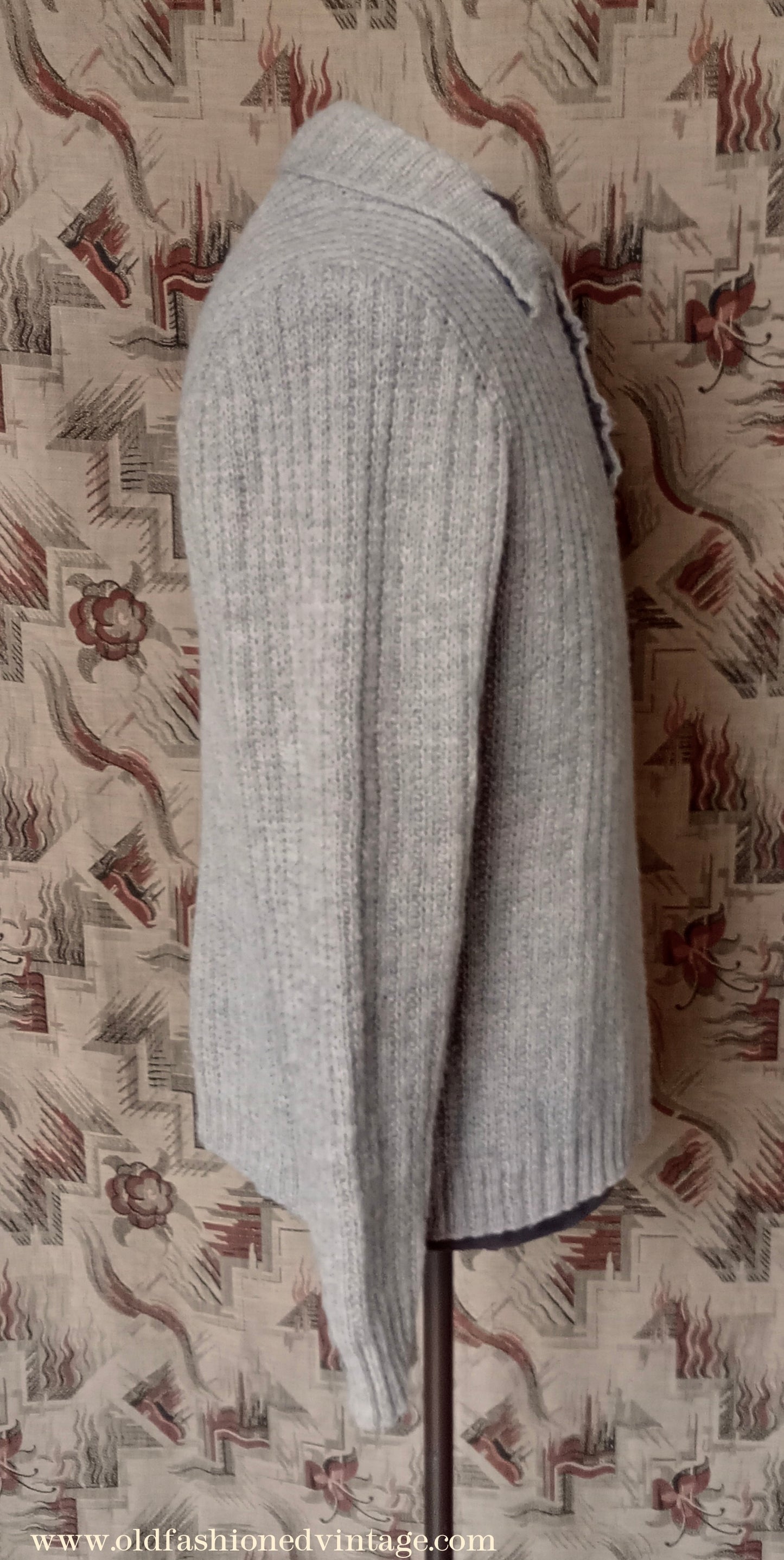 Vintage Mens 1950s Hand Knitted Ribbed Jumper Polo Collar Knit Sweater Marled Taupe UK L