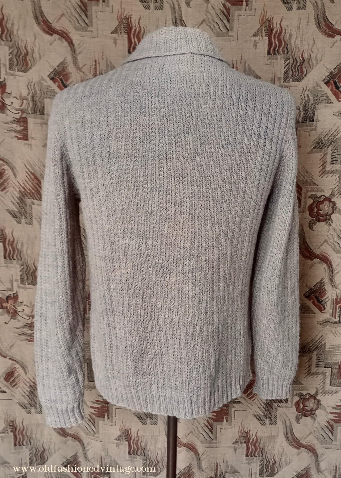 Vintage Mens 1950s Hand Knitted Ribbed Jumper Polo Collar Knit Sweater Marled Taupe UK L