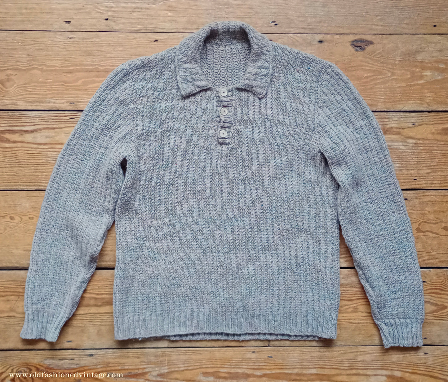 Vintage Mens 1950s Hand Knitted Ribbed Jumper Polo Collar Knit Sweater Marled Taupe UK L