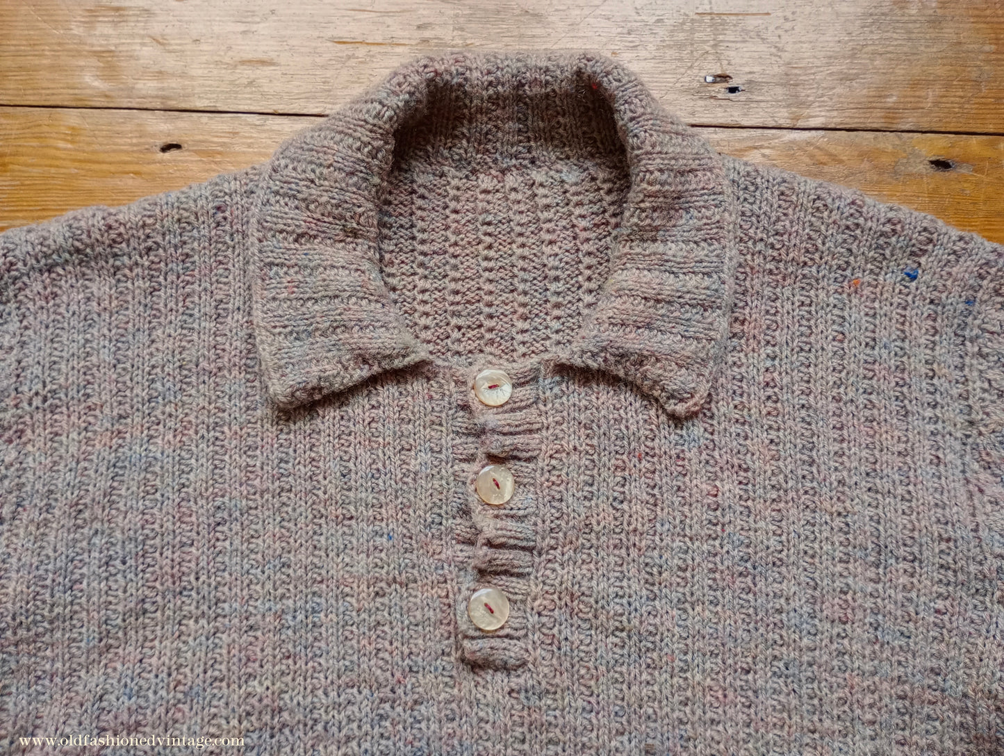 Vintage Mens 1950s Hand Knitted Ribbed Jumper Polo Collar Knit Sweater Marled Taupe UK L