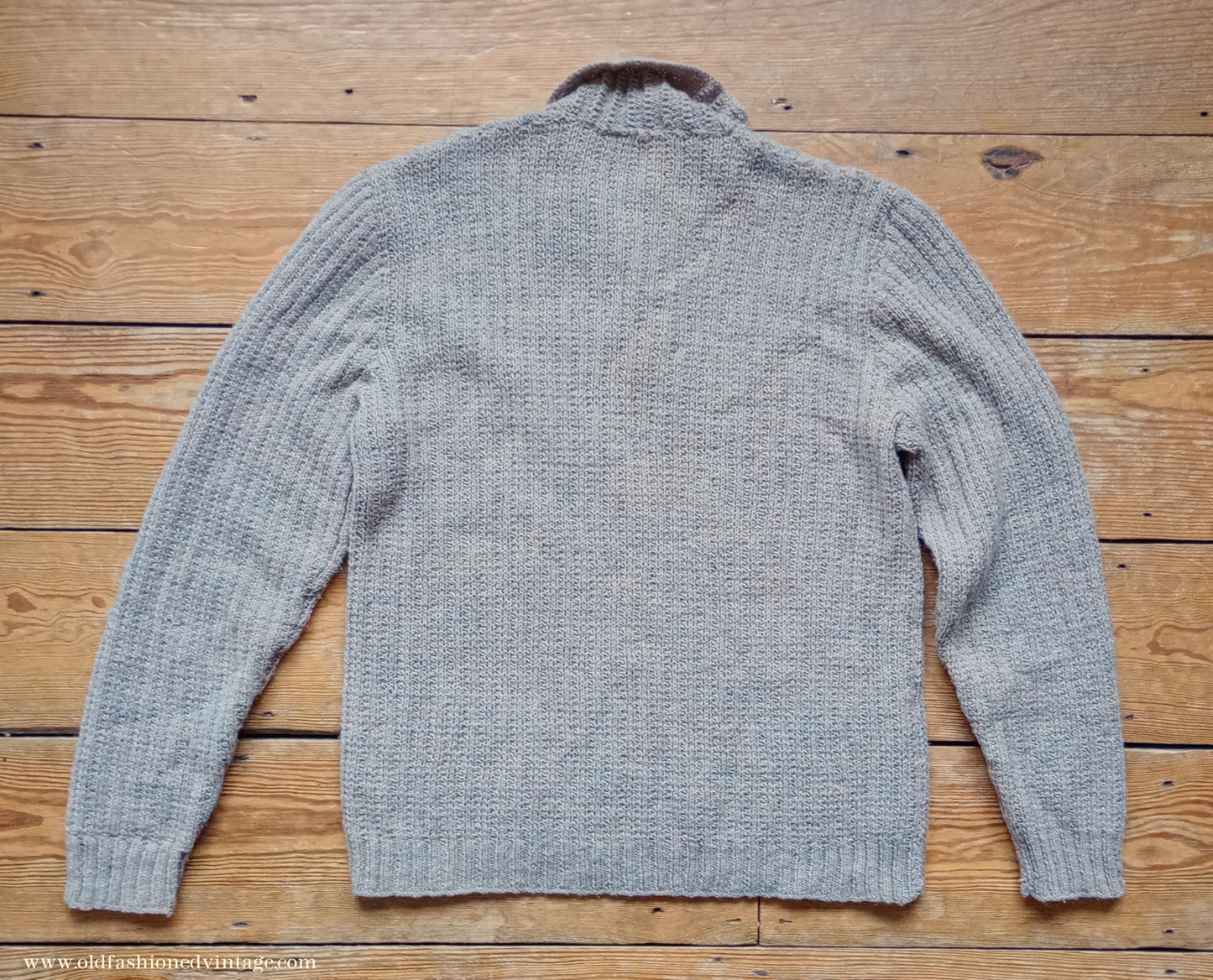 Vintage Mens 1950s Hand Knitted Ribbed Jumper Polo Collar Knit Sweater Marled Taupe UK L