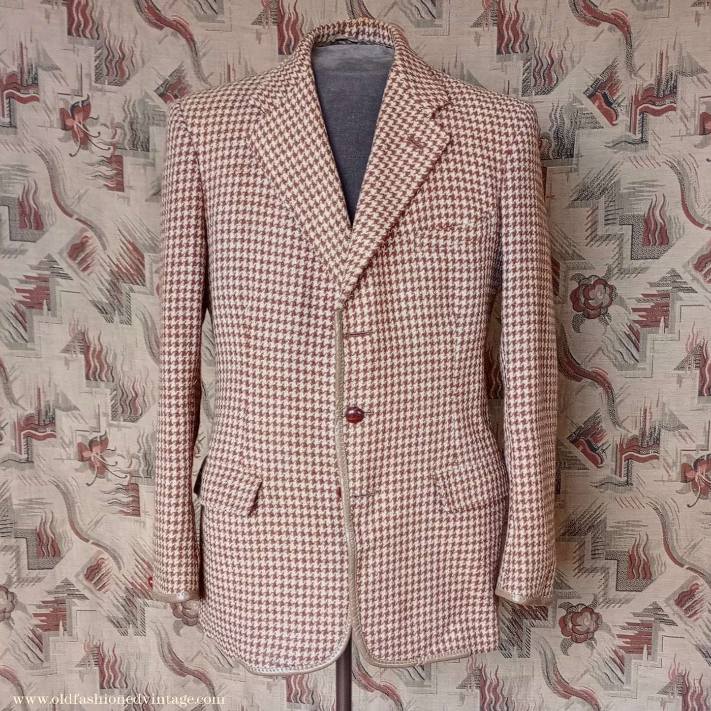 Vintage Mens 1950s Harris Tweed Sports Jacket Brown Shepherd Check Leather Trim 40"