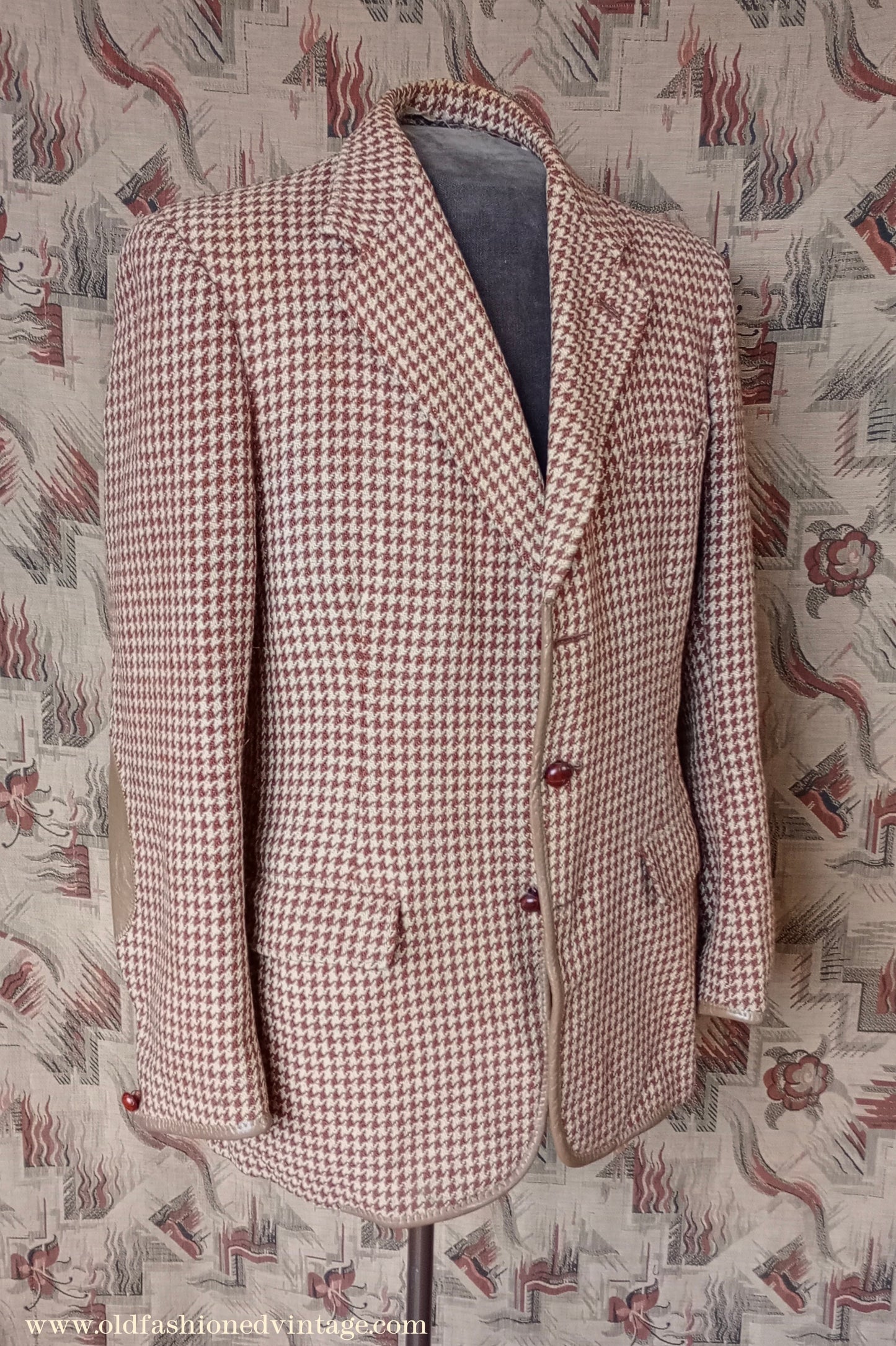 Vintage Mens 1950s Harris Tweed Sports Jacket Brown Shepherd Check Leather Trim 40"