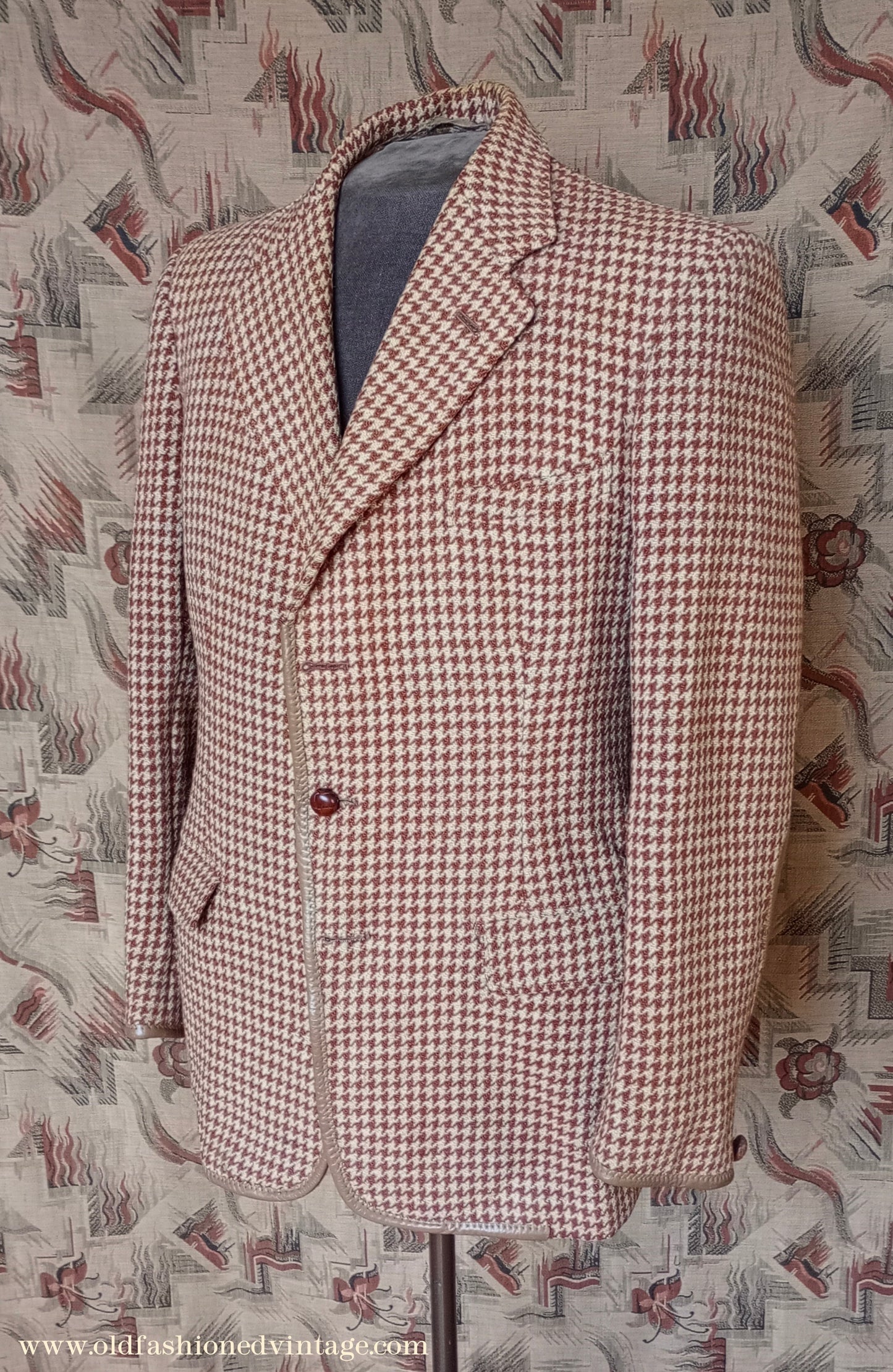 Vintage Mens 1950s Harris Tweed Sports Jacket Brown Shepherd Check Leather Trim 40"