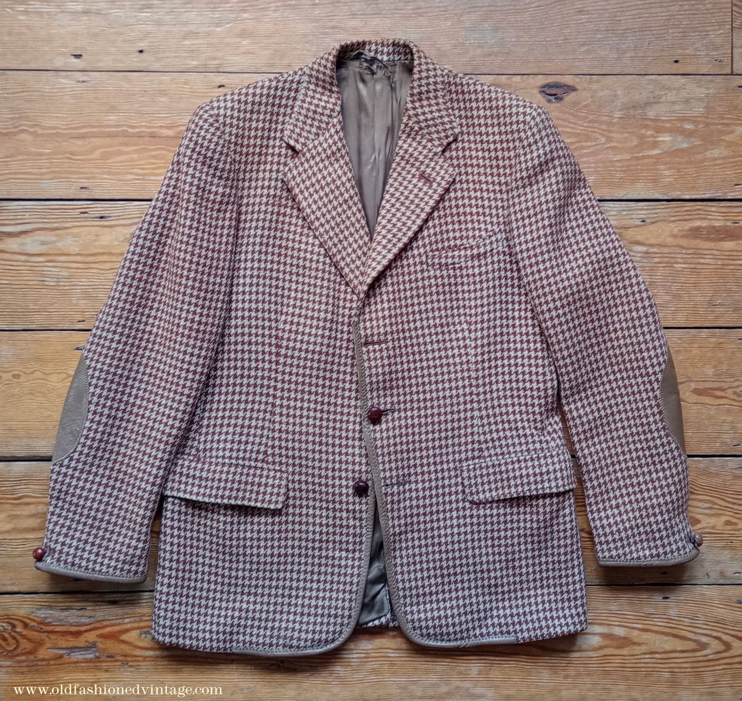 Vintage Mens 1950s Harris Tweed Sports Jacket Brown Shepherd Check Leather Trim 40"