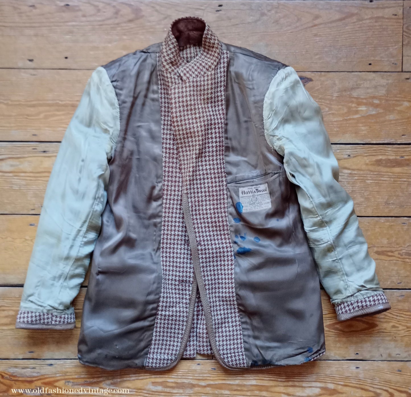 Vintage Mens 1950s Harris Tweed Sports Jacket Brown Shepherd Check Leather Trim 40"