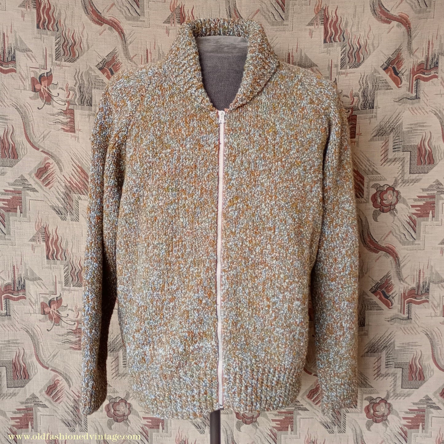 Vintage Mens 1950s Hand Knitted Lumberjacket Zip Up Cardigan Sweater Brown Green Marl UK XL
