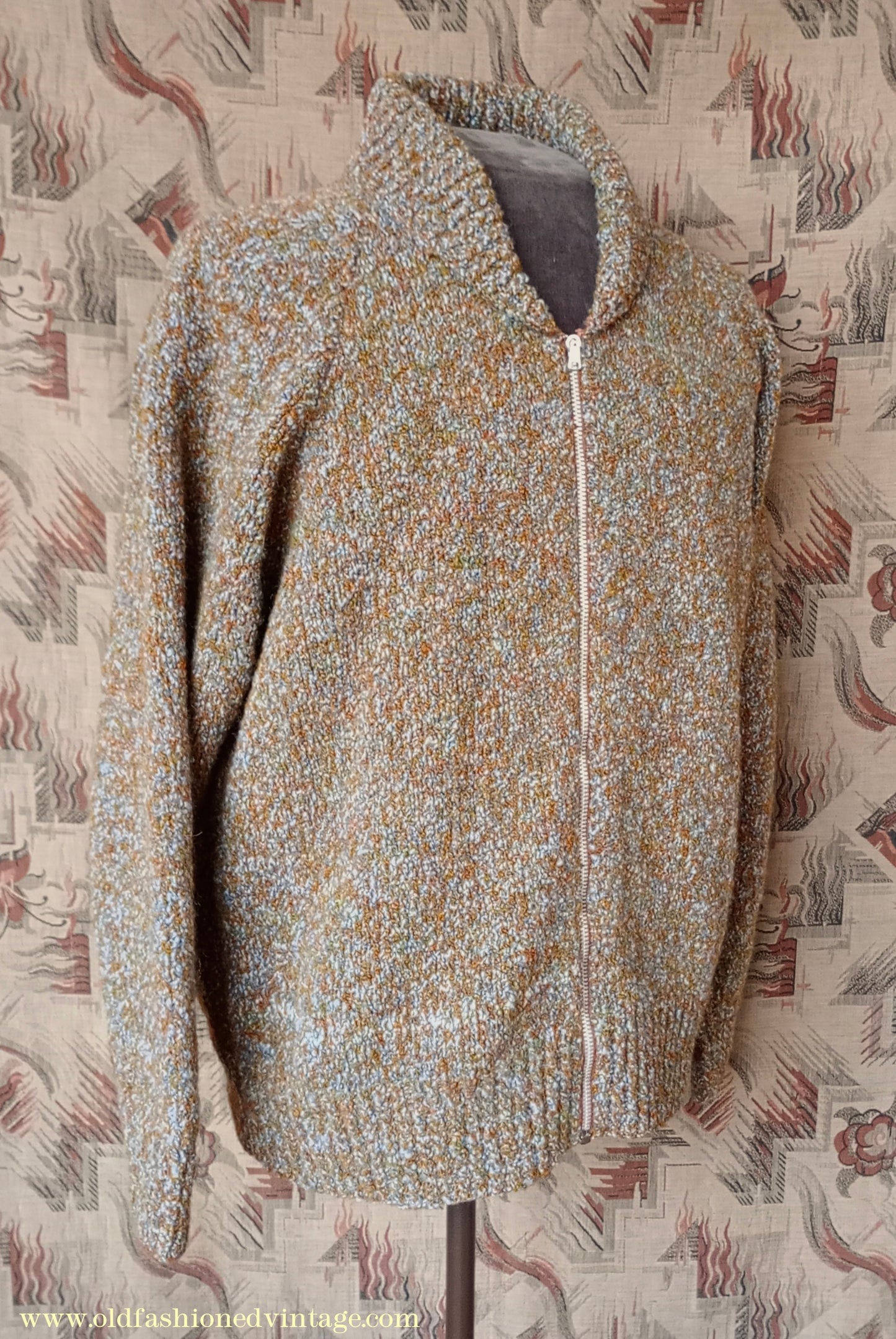 Vintage Mens 1950s Hand Knitted Lumberjacket Zip Up Cardigan Sweater Brown Green Marl UK XL