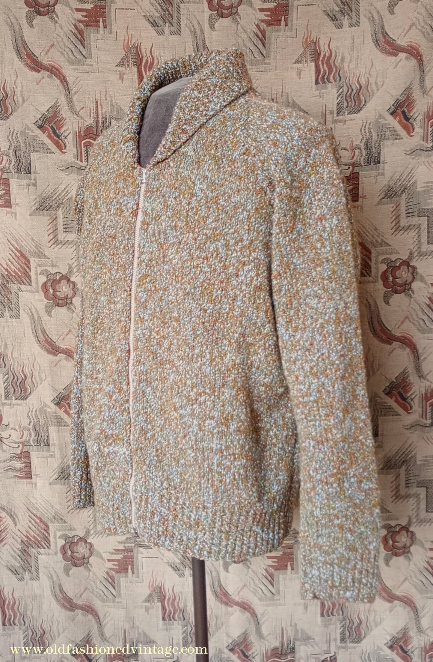 Vintage Mens 1950s Hand Knitted Lumberjacket Zip Up Cardigan Sweater Brown Green Marl UK XL