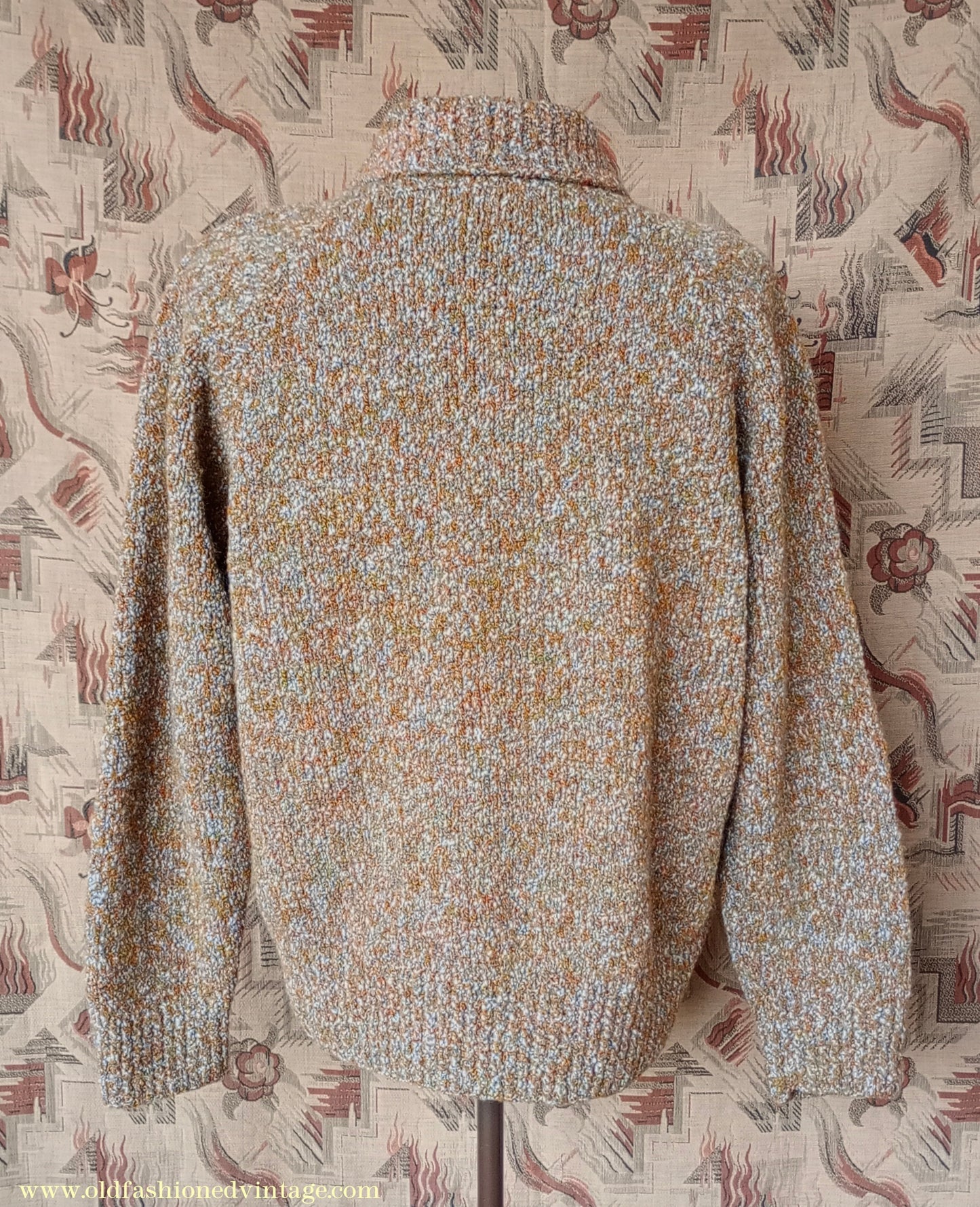 Vintage Mens 1950s Hand Knitted Lumberjacket Zip Up Cardigan Sweater Brown Green Marl UK XL