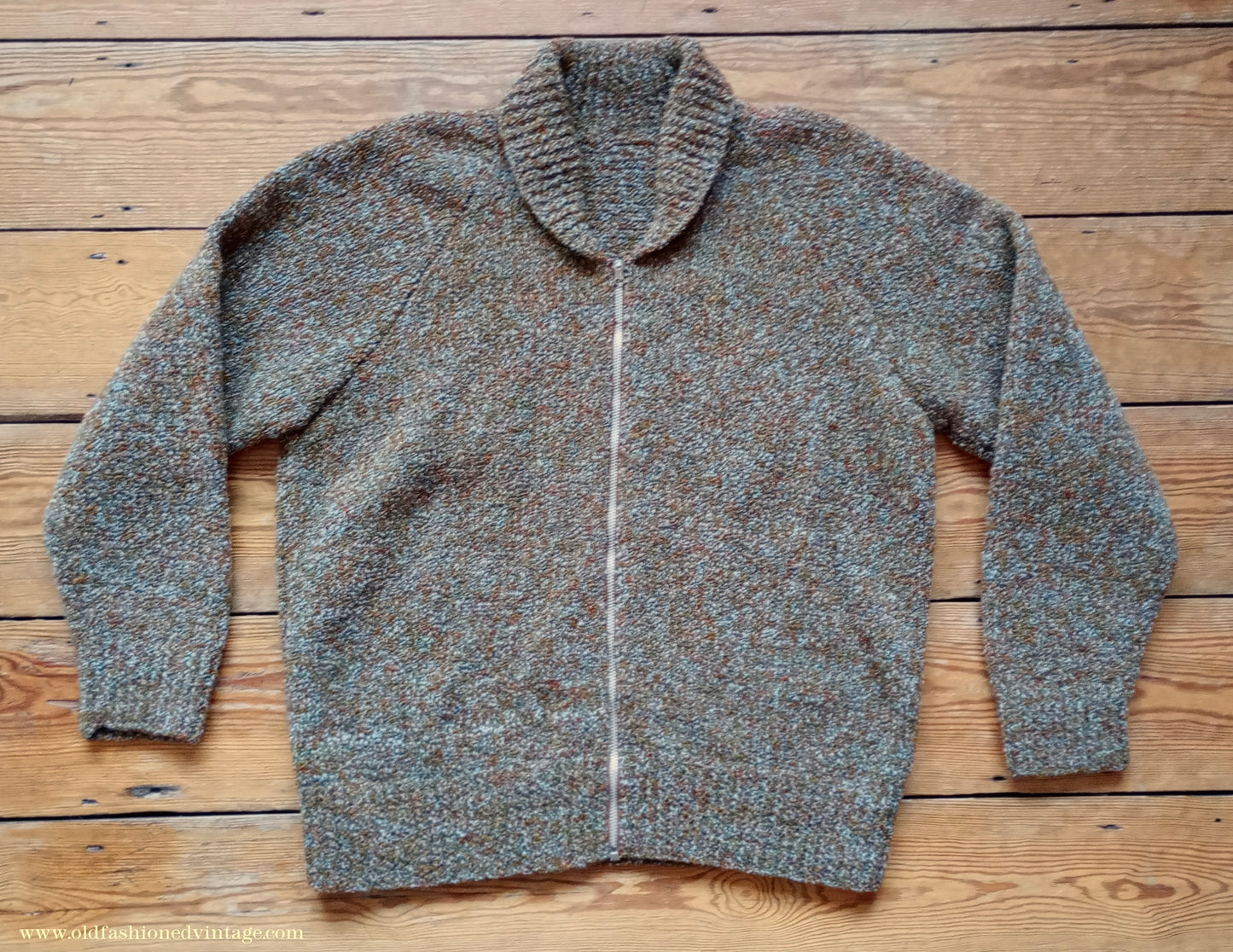 Vintage Mens 1950s Hand Knitted Lumberjacket Zip Up Cardigan Sweater Brown Green Marl UK XL