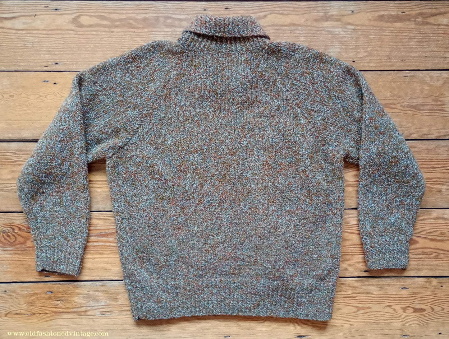 Vintage Mens 1950s Hand Knitted Lumberjacket Zip Up Cardigan Sweater Brown Green Marl UK XL