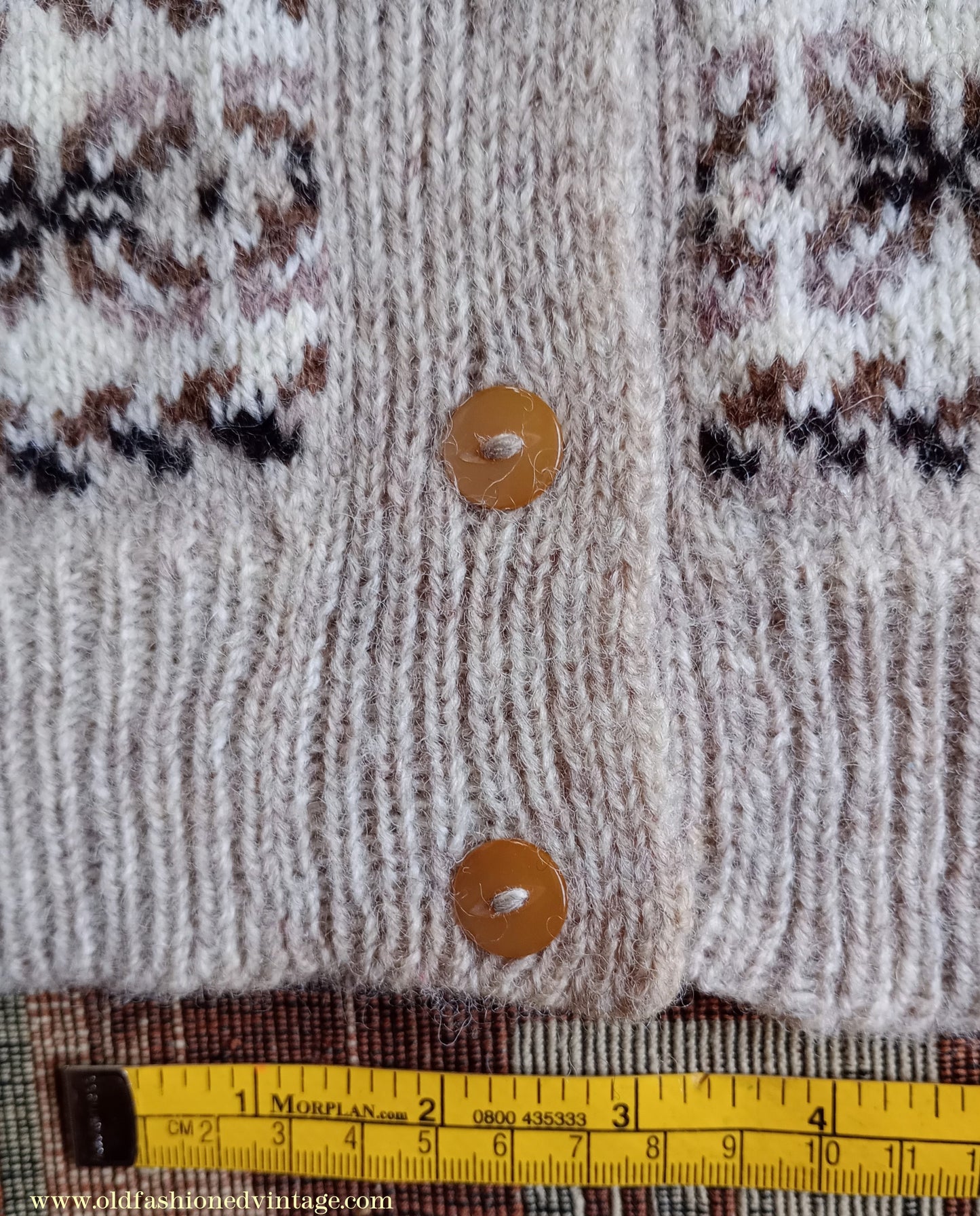 Vintage 1950s Cardigan Beige Oatmeal Brown Fair Isle Shetland Wool UK M