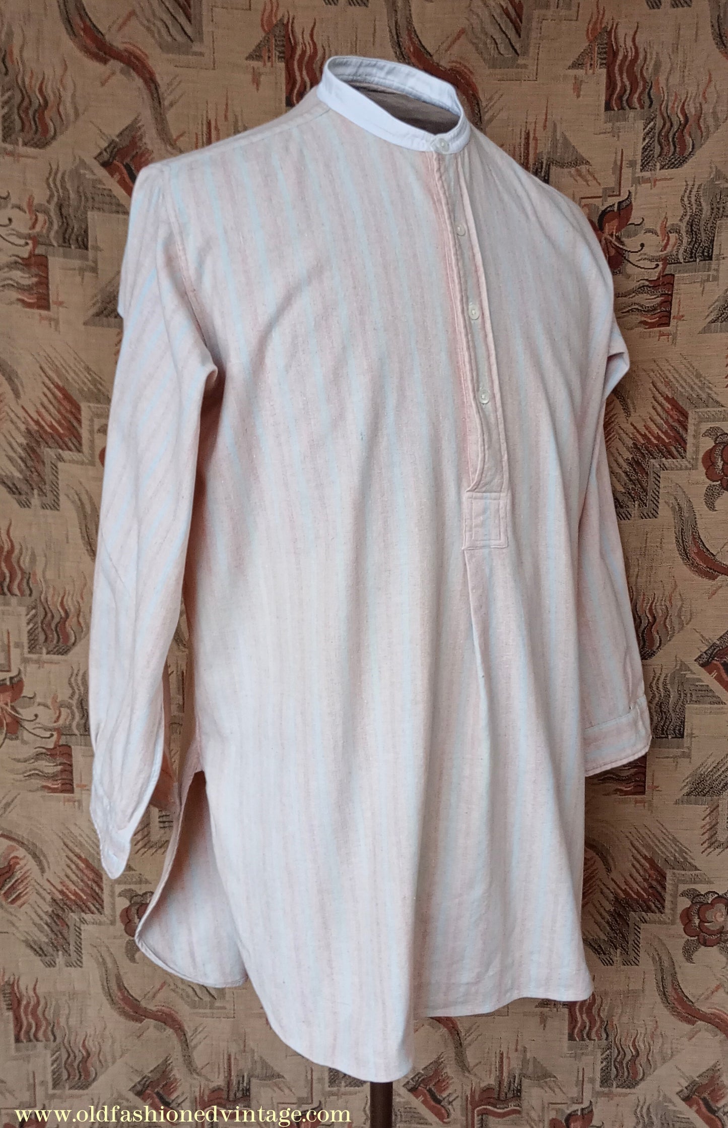 Vintage Mens 1930s Striped Wool Collarless Pullover Shirt Work Grandad British Half Placket 15"