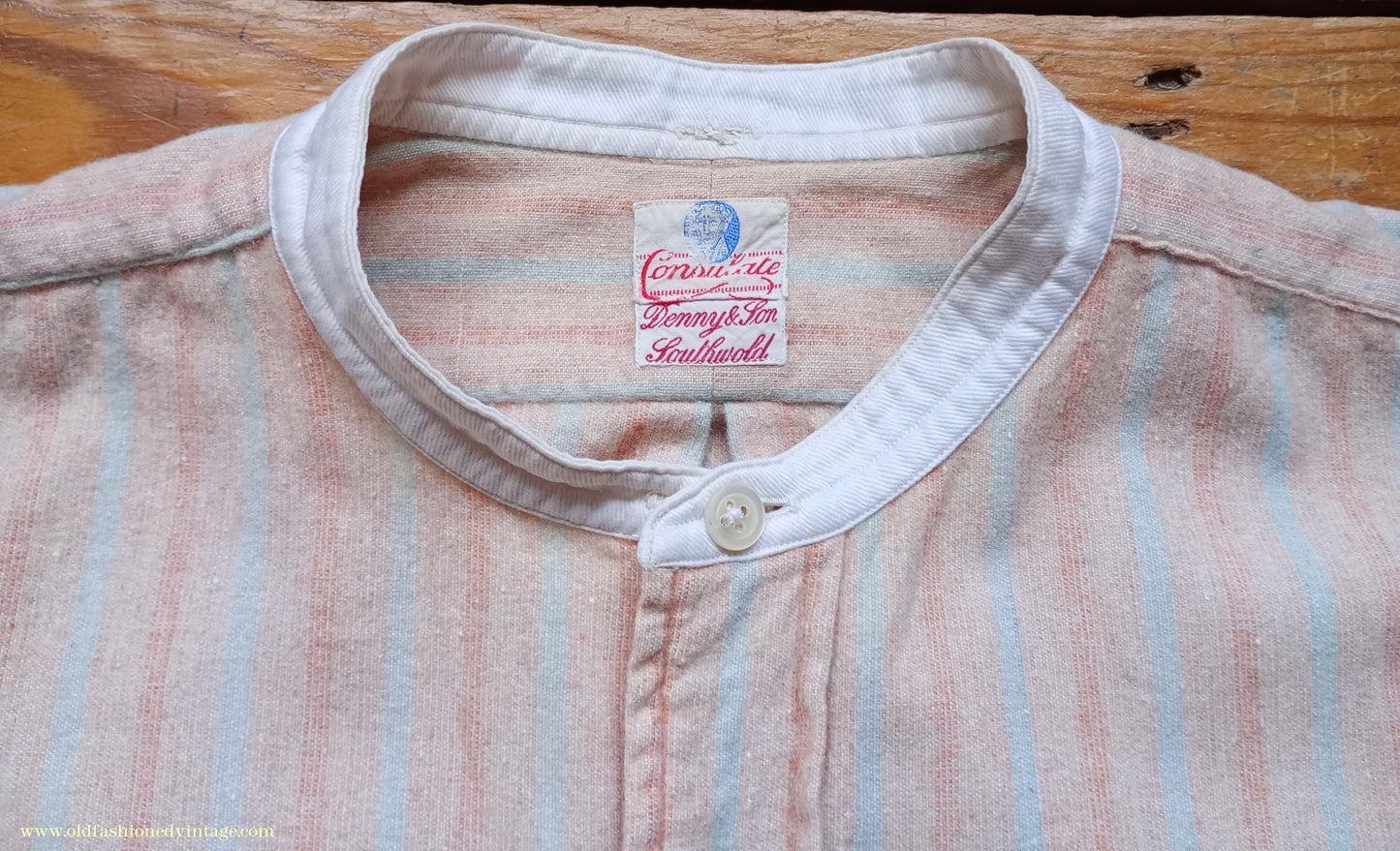 Vintage Mens 1930s Striped Wool Collarless Pullover Shirt Work Grandad British Half Placket 15"
