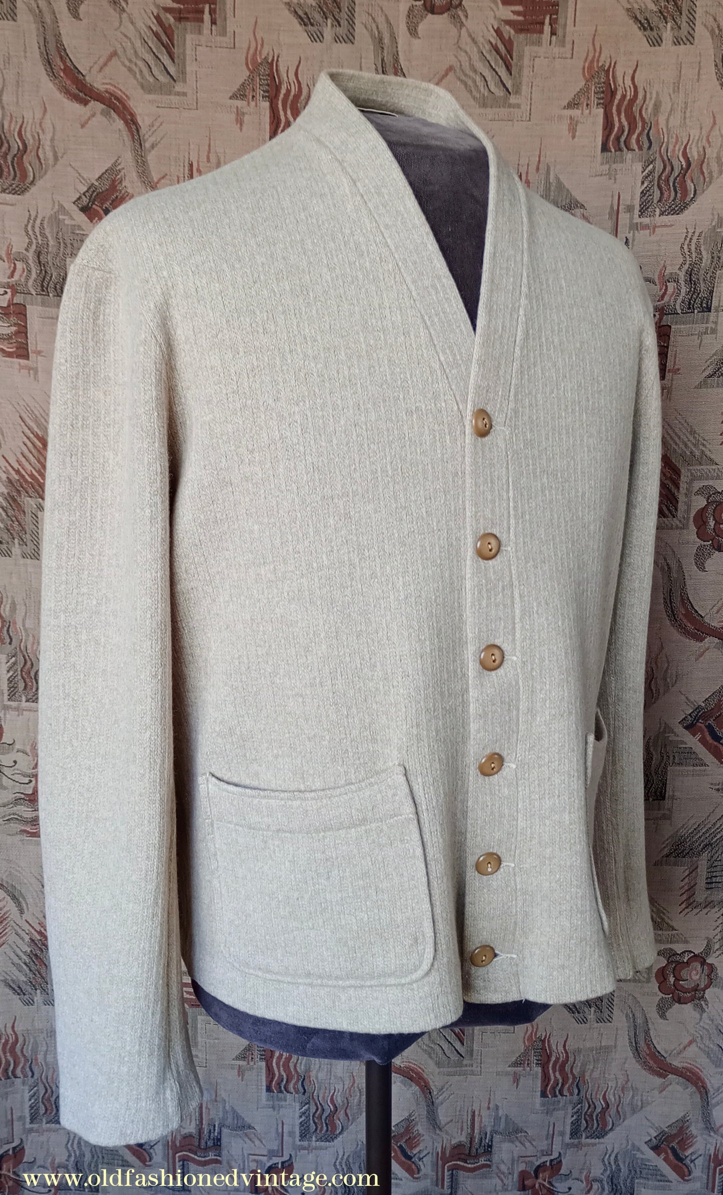 Vintage Mens 1940s 1950s Catalina Jersey Knit Cardigan Jacket Beige Knitted Wool Sweater XL