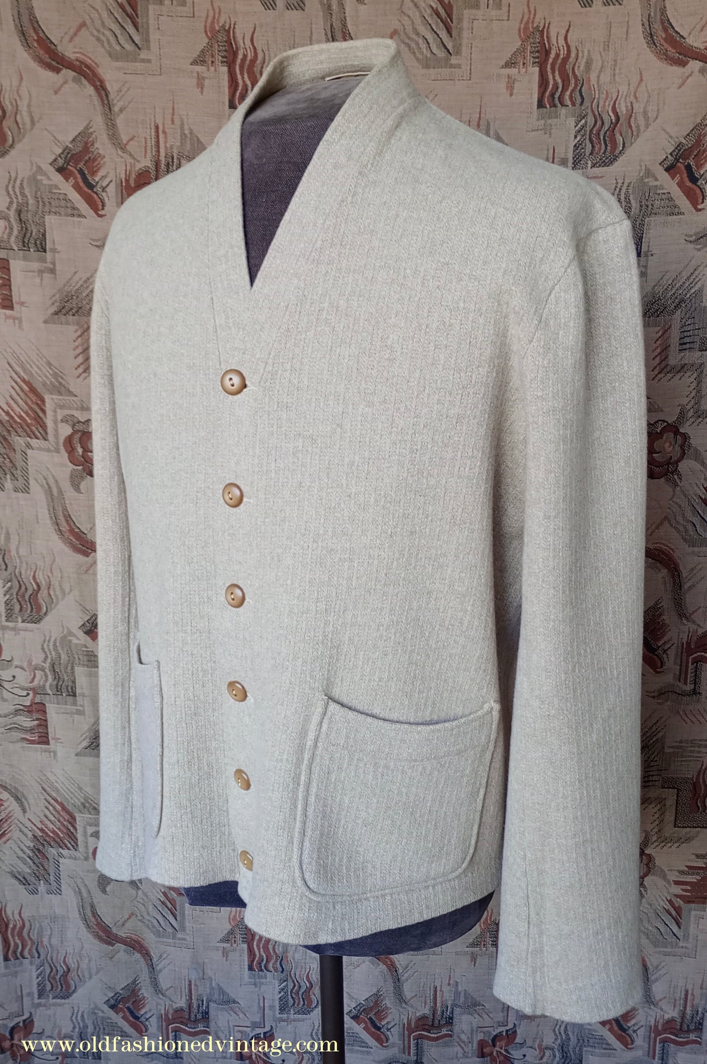 Vintage Mens 1940s 1950s Catalina Jersey Knit Cardigan Jacket Beige Knitted Wool Sweater XL