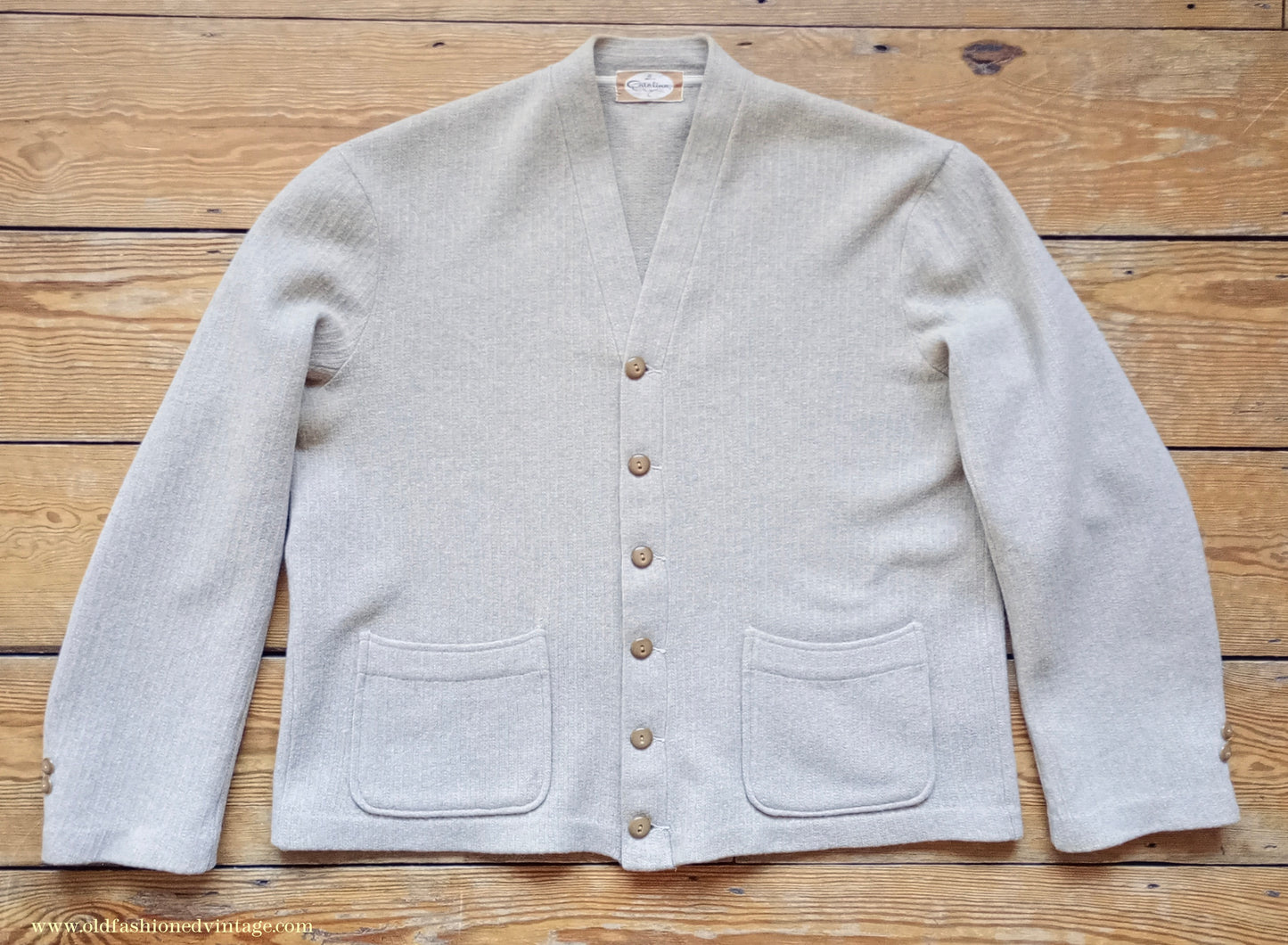 Vintage Mens 1940s 1950s Catalina Jersey Knit Cardigan Jacket Beige Knitted Wool Sweater XL