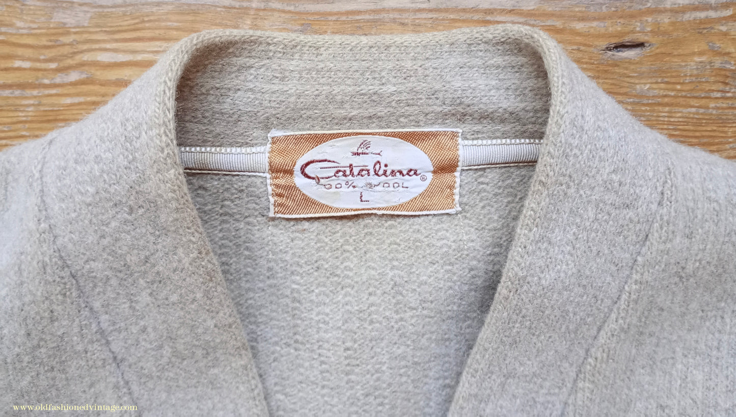 Vintage Mens 1940s 1950s Catalina Jersey Knit Cardigan Jacket Beige Knitted Wool Sweater XL