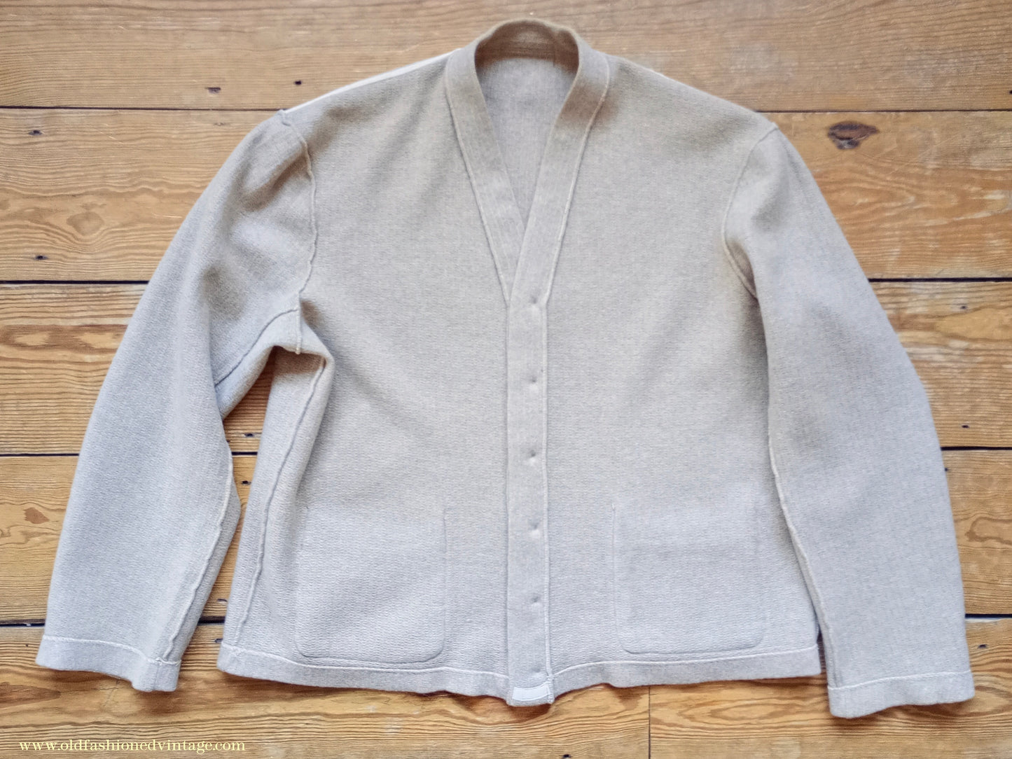 Vintage Mens 1940s 1950s Catalina Jersey Knit Cardigan Jacket Beige Knitted Wool Sweater XL