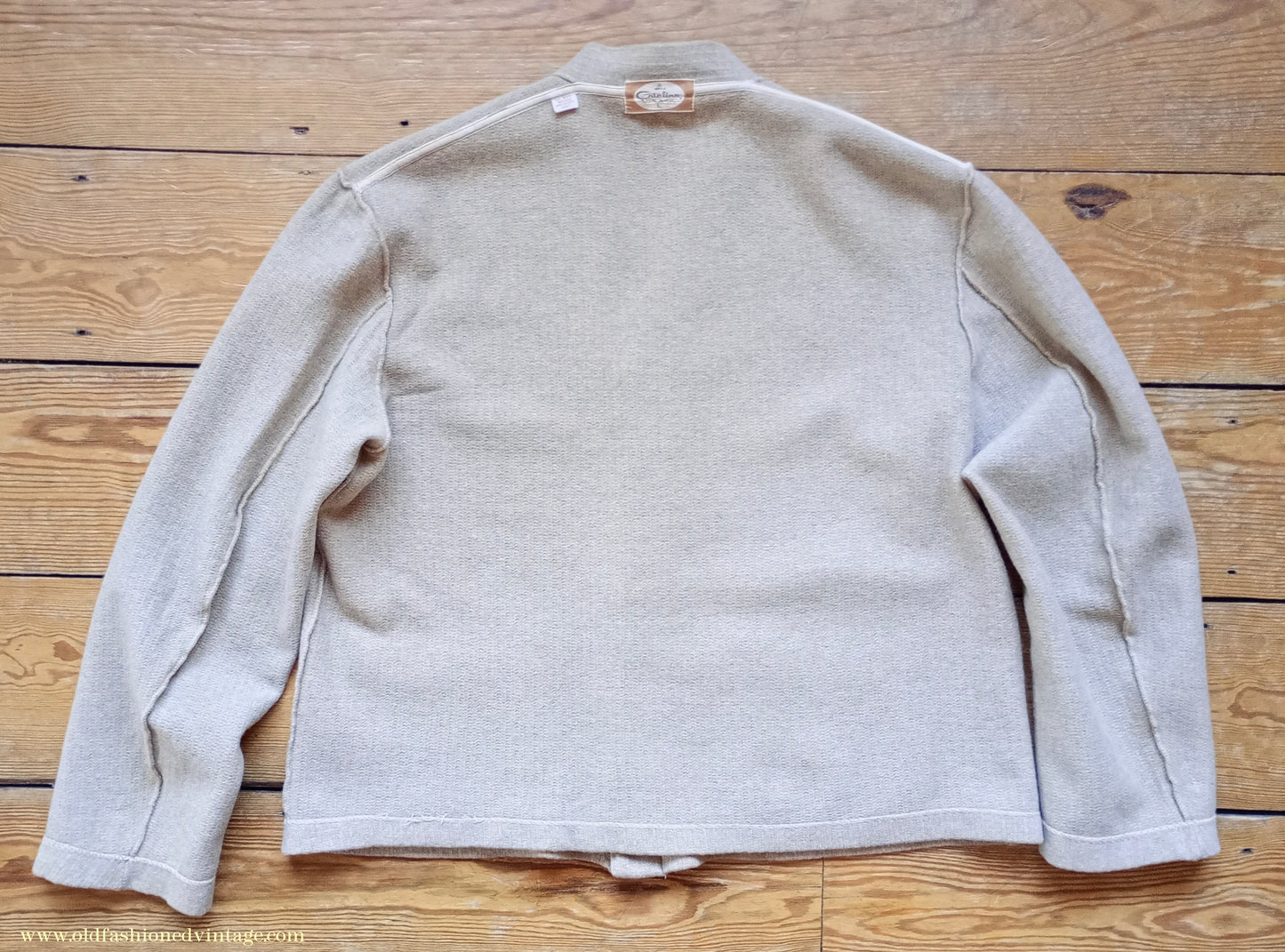Vintage Mens 1940s 1950s Catalina Jersey Knit Cardigan Jacket Beige Knitted Wool Sweater XL