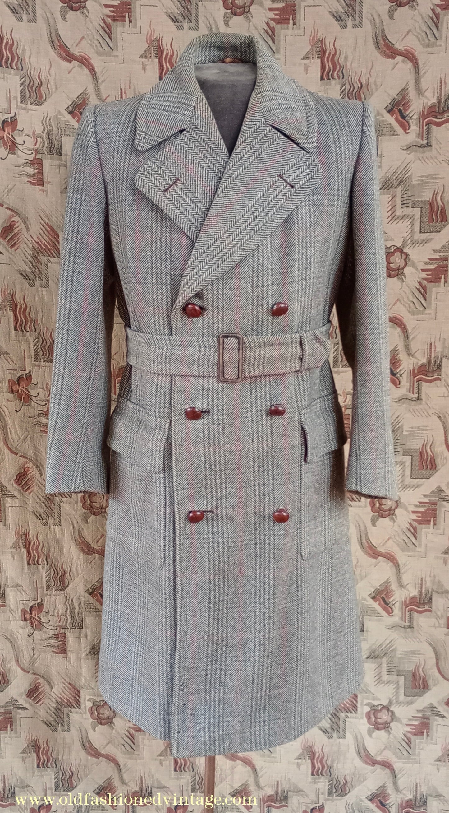 Vintage Mens 1940s CC41 Mens Double Breasted Overcoat Coat Brown Stone Glen Check Wool DB 36"/38"