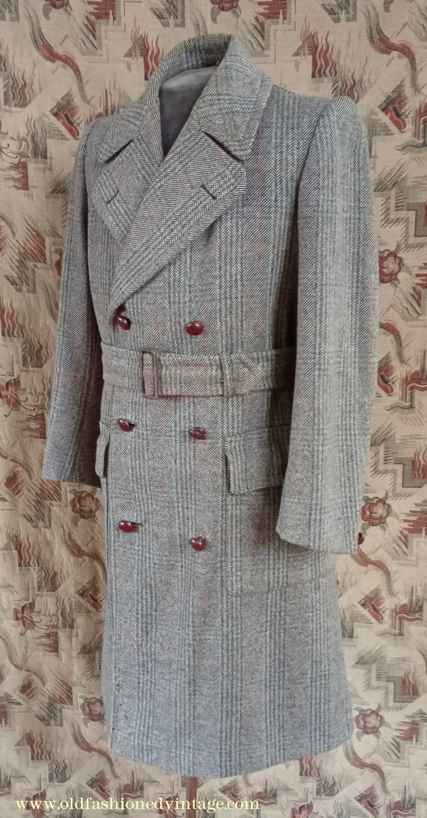 Vintage Mens 1940s CC41 Mens Double Breasted Overcoat Coat Brown Stone Glen Check Wool DB 36"/38"
