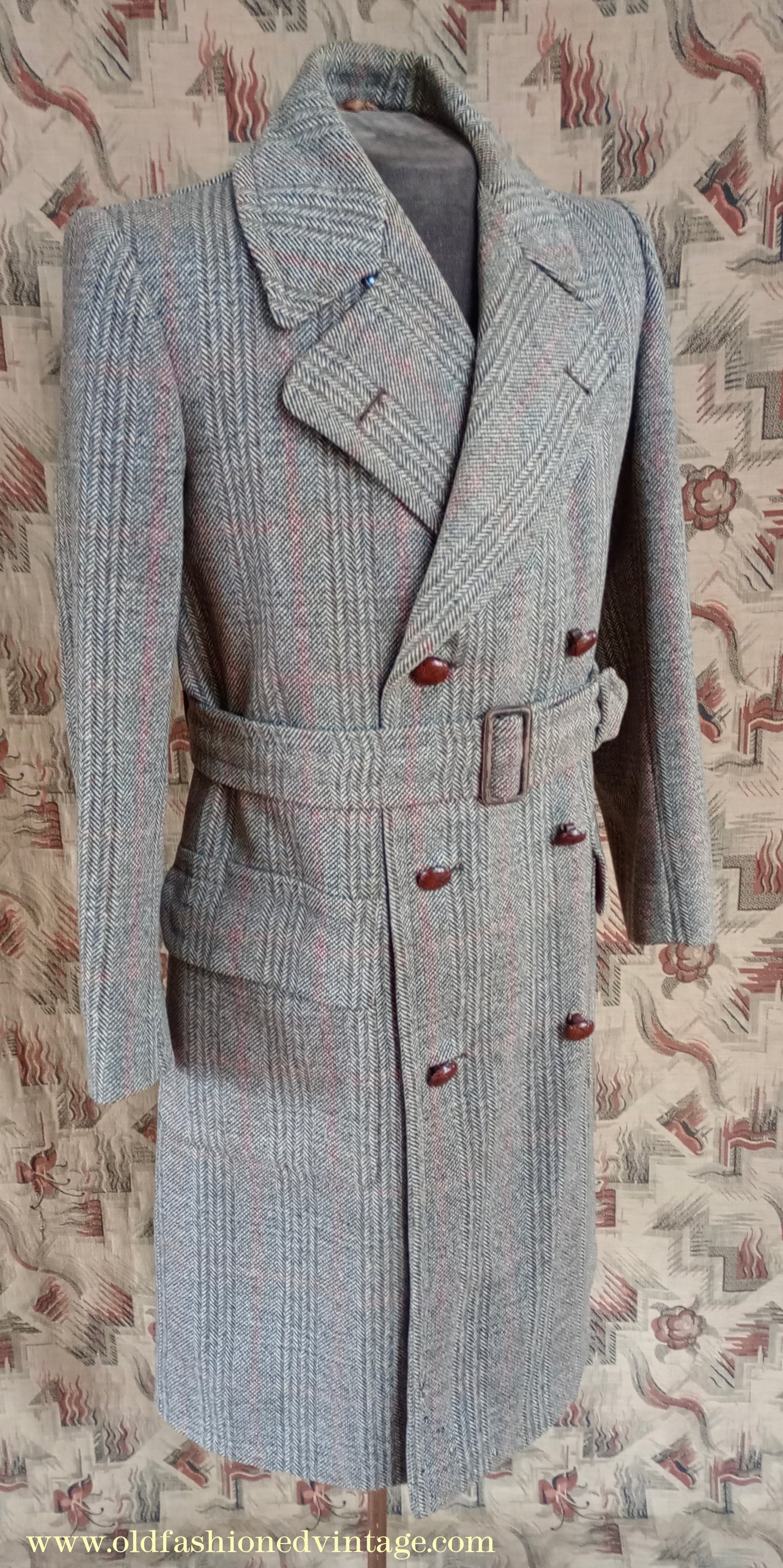 Vintage Mens 1940s CC41 Mens Double Breasted Overcoat Coat Brown Stone Glen Check Wool DB 36"/38"